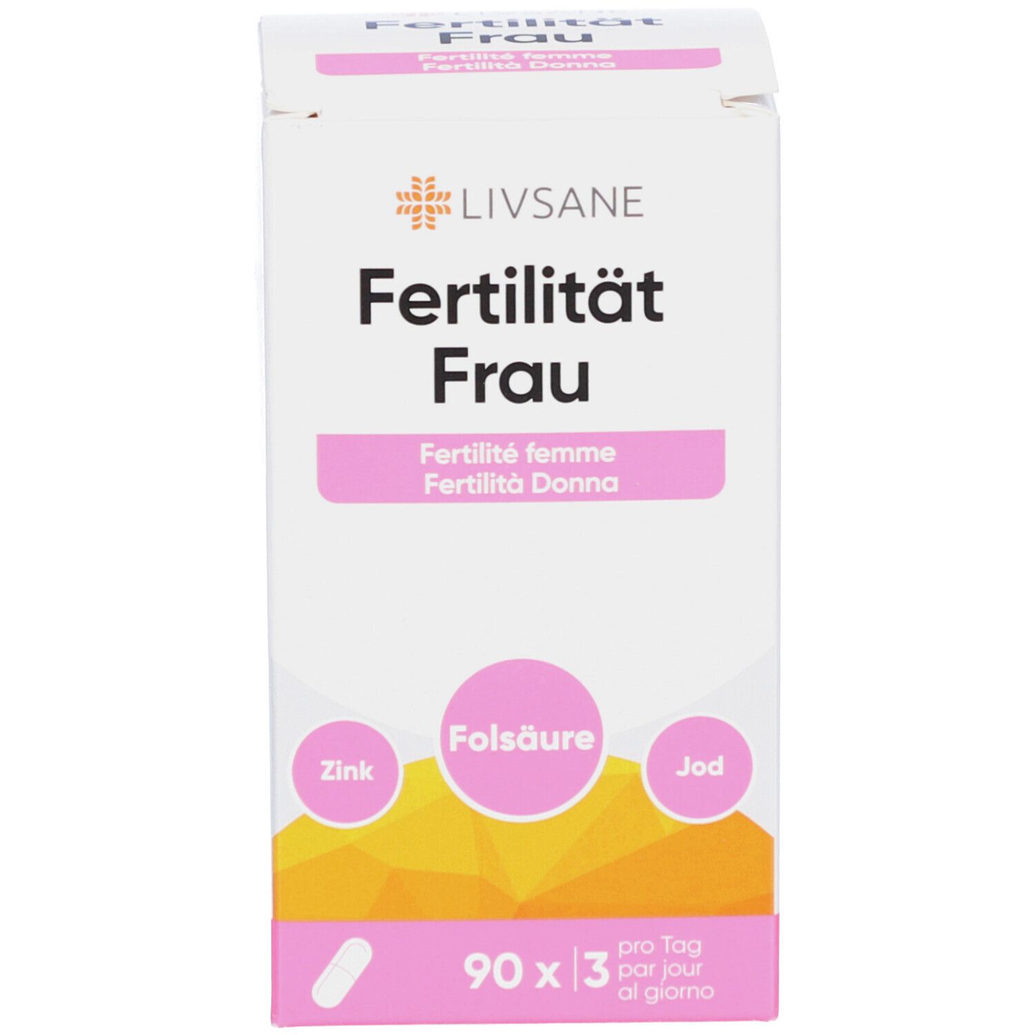 Weiße Schachtel mit LIVSANE, Fertilität Frau, Folsäure, Zink, Jod. Pillen-Symbol.