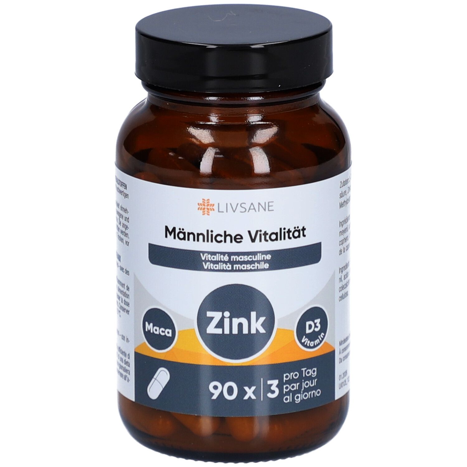 Braune Glasflasche mit Kapseln. Aufschrift: LIVSANE Männliche Vitalität, Zink, D3 Vitamin. 90 Kapseln.