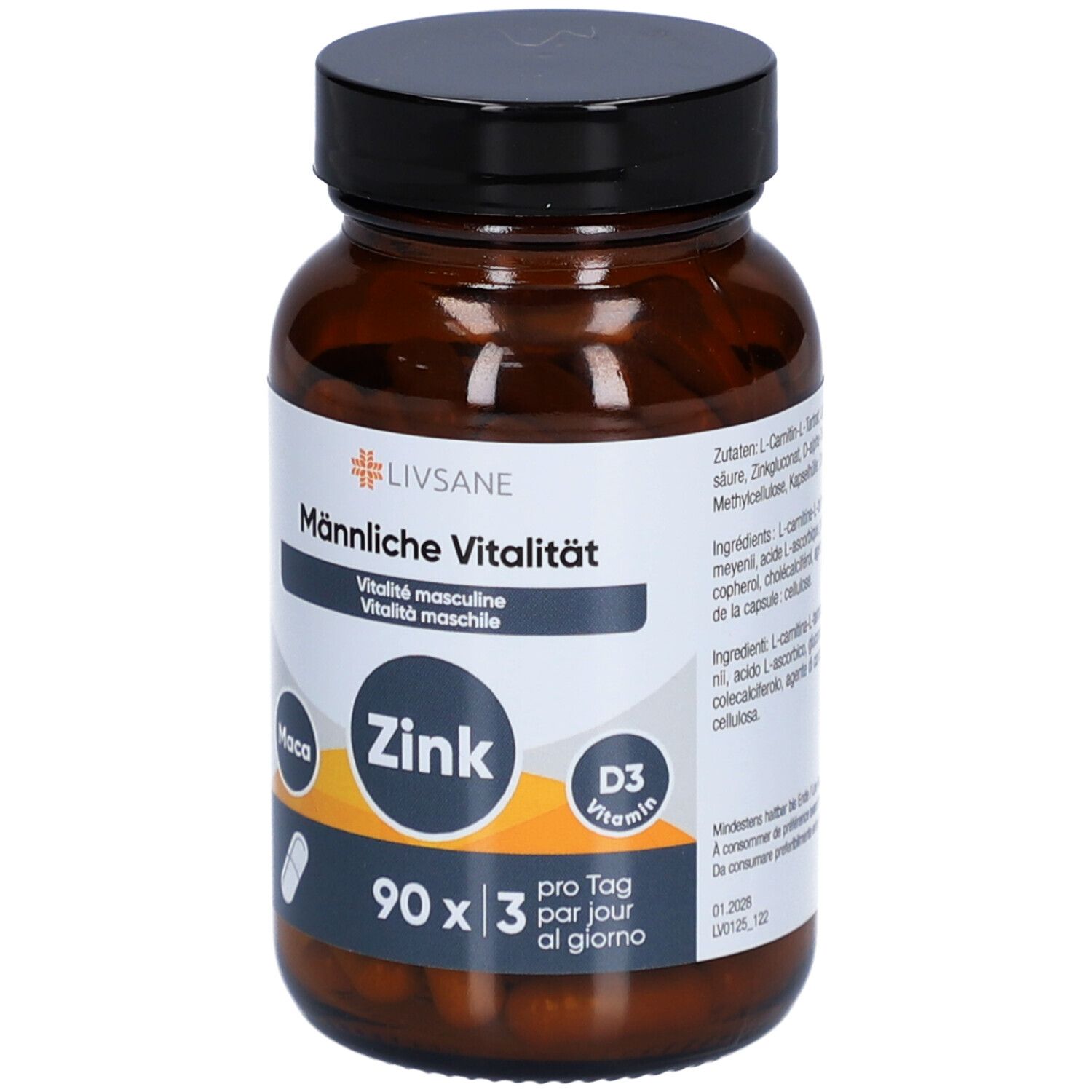 Braune Glasflasche mit Kapseln. Aufschrift: LIVSANE Männliche Vitalität, Zink, D3 Vitamin. 90 Kapseln.