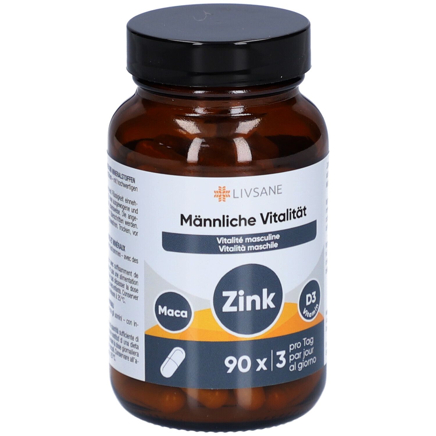 Braune Glasflasche mit Kapseln. Aufschrift: LIVSANE Männliche Vitalität, Zink, D3 Vitamin. 90 Kapseln.