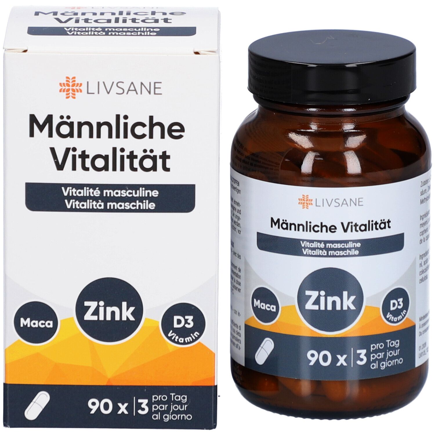 Produktverpackung und Flasche mit Kapseln. Aufschrift: LIVSANE Männliche Vitalität, Zink, D3 Vitamin. 90 Kapseln.