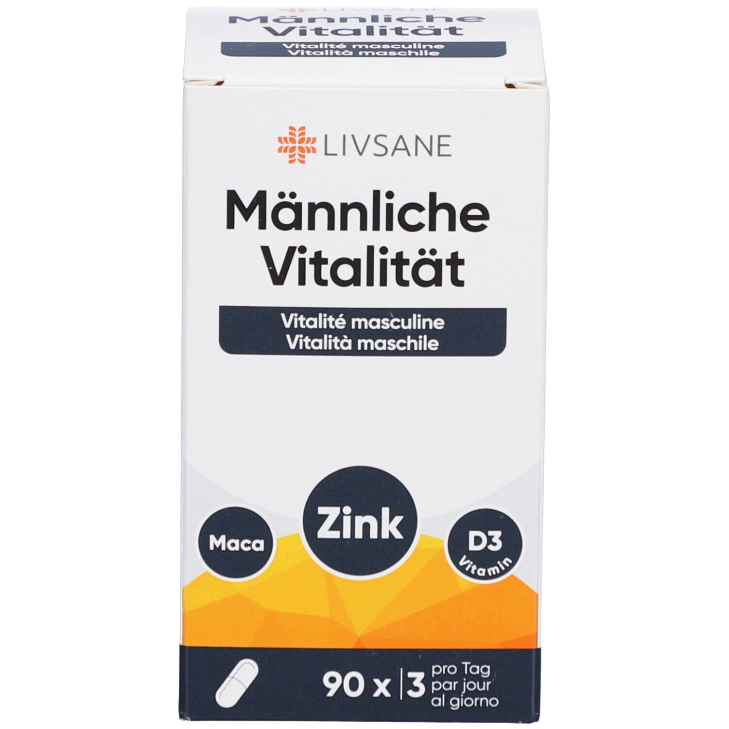 Produktverpackung. Aufschrift: LIVSANE Männliche Vitalität, Zink, D3 Vitamin. 90 Kapseln.