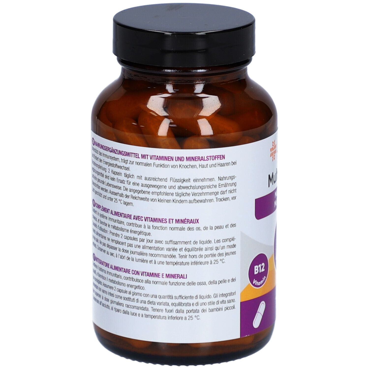 Braune Glasflasche mit schwarzen Deckel. Etikett mit Text über Inhaltsstoffe und Anwendung. LIVSANE Multivitamin, Vitamin C, B12.