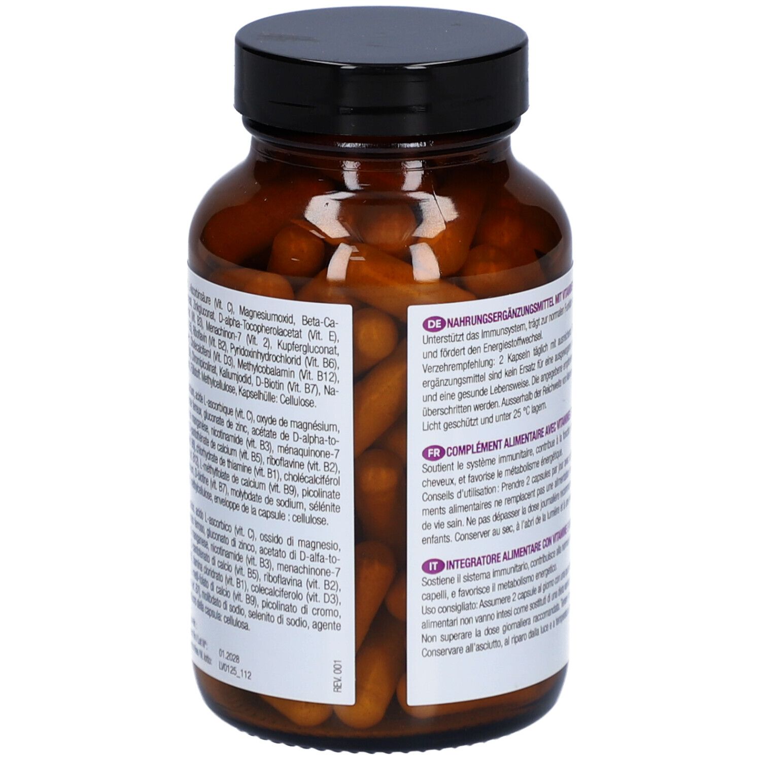 Braune Glasflasche mit schwarzen Deckel. Etikett mit Inhaltsstoffliste. LIVSANE Multivitamin, Vitamin C, B12 und Magnesium.