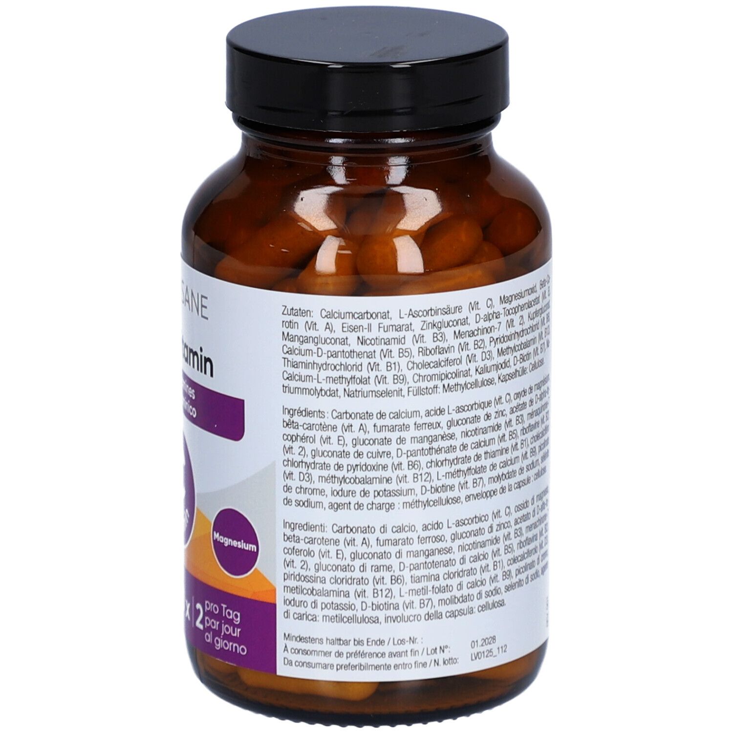 Braune Glasflasche mit schwarzen Deckel. Etikett mit Inhaltsstoffliste. LIVSANE Multivitamin, Vitamin C, B12 und Magnesium.