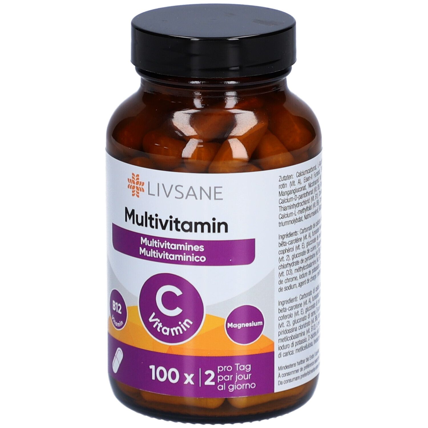 Braune Glasflasche mit schwarzen Deckel. Etikett mit LIVSANE Multivitamin, Vitamin C, B12 und Magnesium. 100 Kapseln.