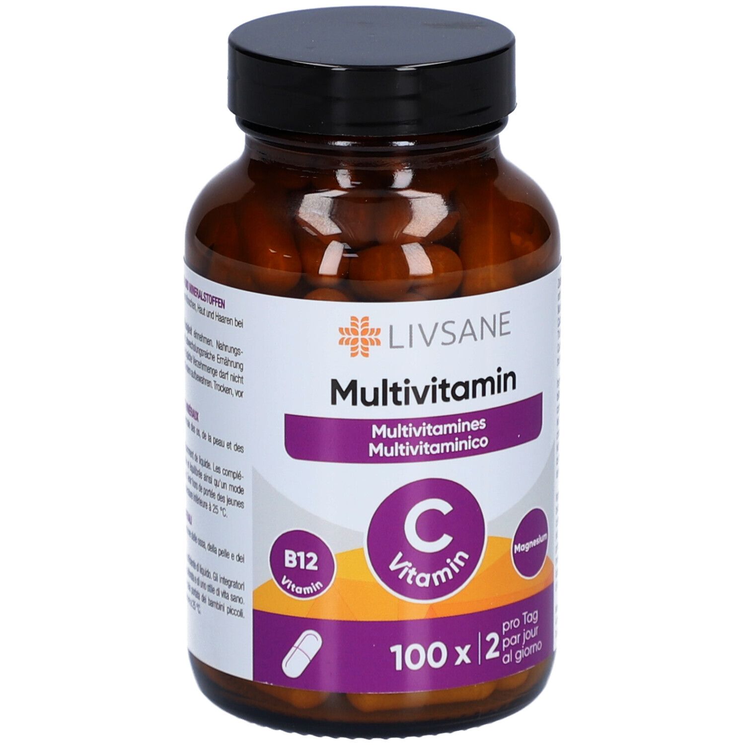 Braune Glasflasche mit schwarzen Deckel. Etikett mit LIVSANE Multivitamin, Vitamin C, B12 und Magnesium. 100 Kapseln.