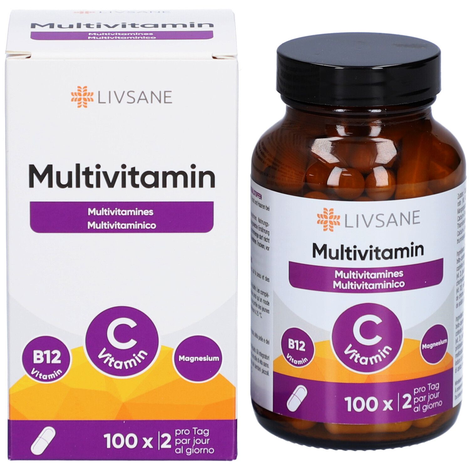 LIVSANE Multivitamin Packung und Flasche. Packung mit LIVSANE Logo, Multivitamin, Vitamin C, B12 und Magnesium. 100 Kapseln.