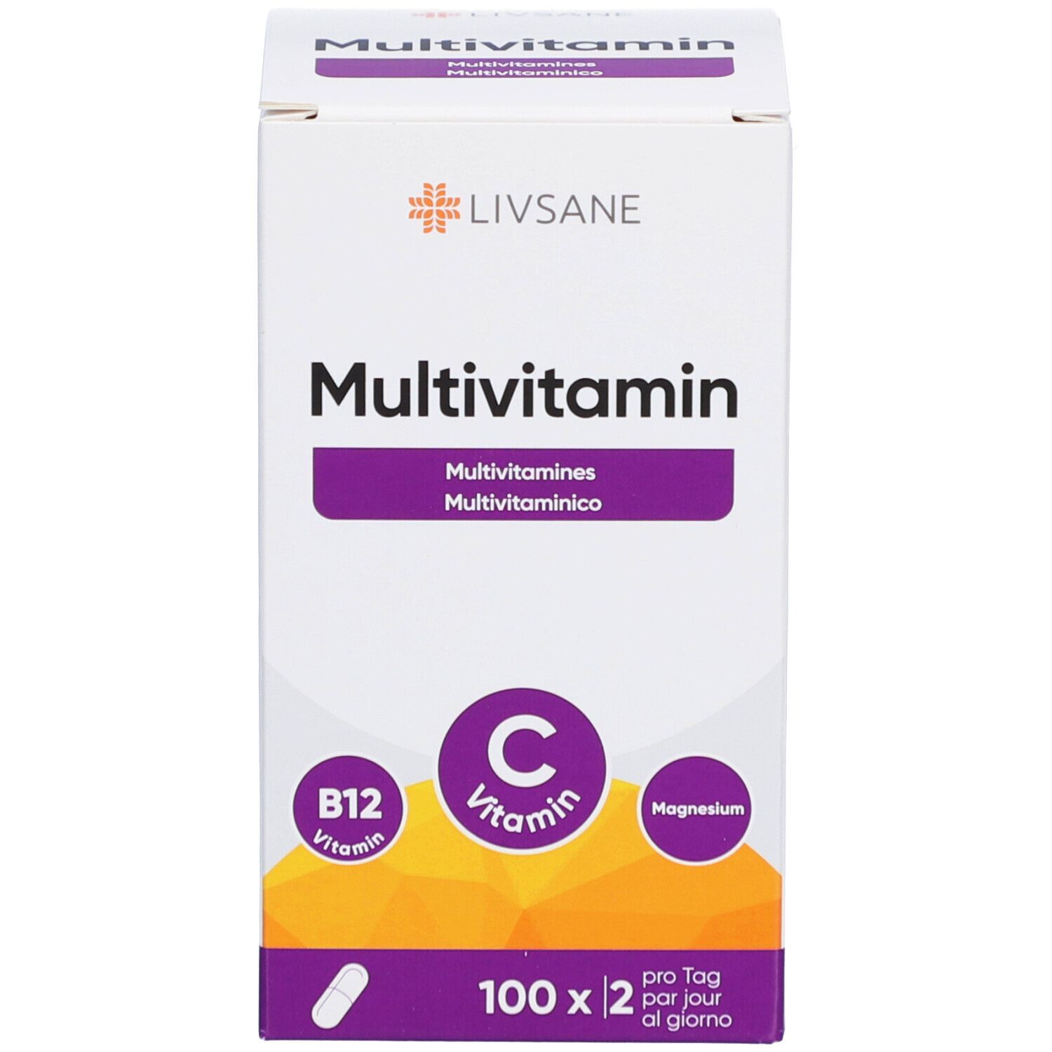 LIVSANE Multivitamin Packung. Packung mit LIVSANE Logo, Multivitamin, Vitamin C, B12 und Magnesium. 100 Kapseln.