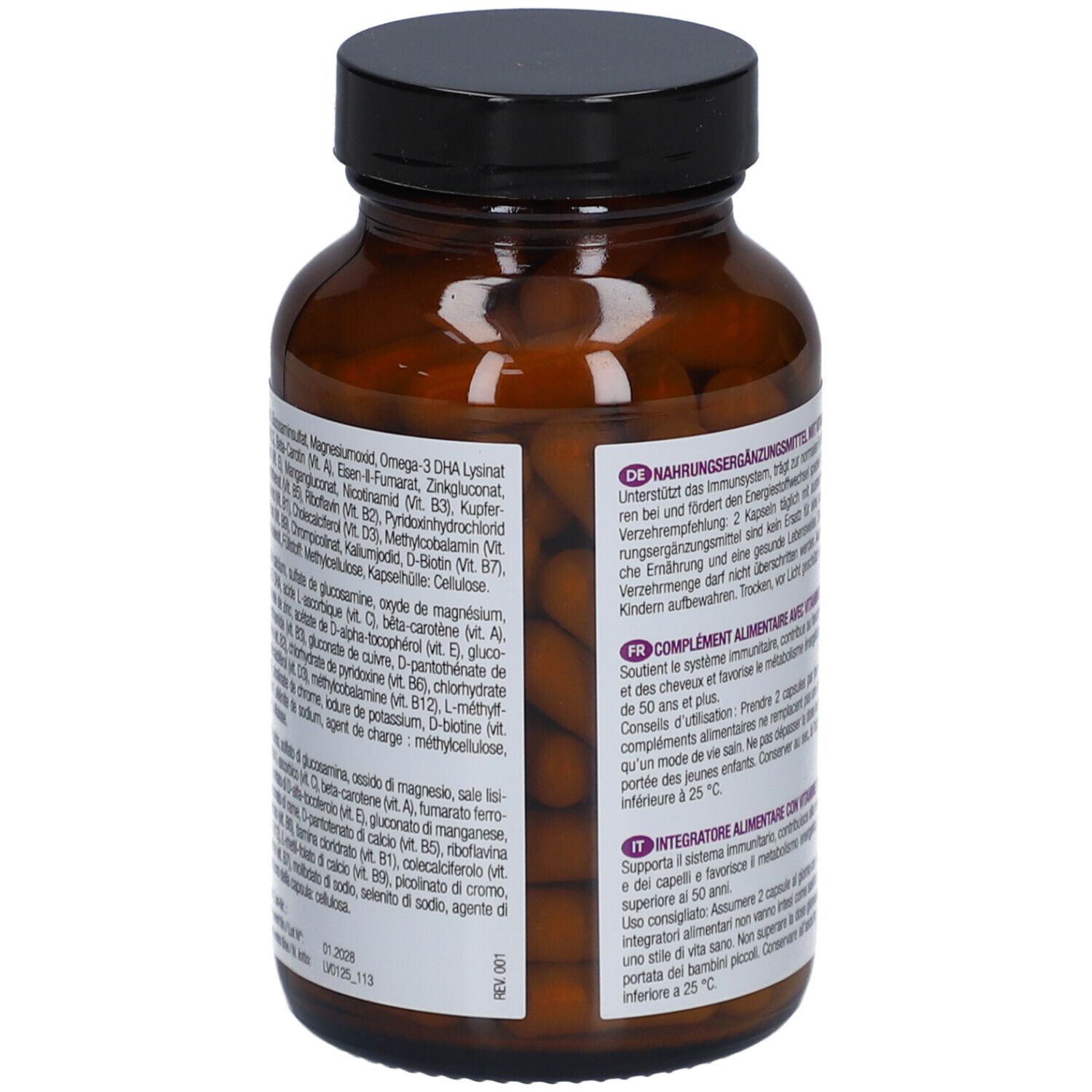 Dos du flacon en verre brun avec gélules LIVSANE Multivitamine 50+. Liste des ingrédients en plusieurs langues.