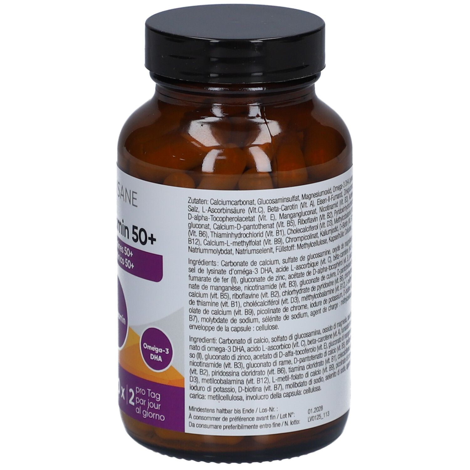 Dos du flacon en verre brun avec gélules LIVSANE Multivitamine 50+. Liste des ingrédients en plusieurs langues.