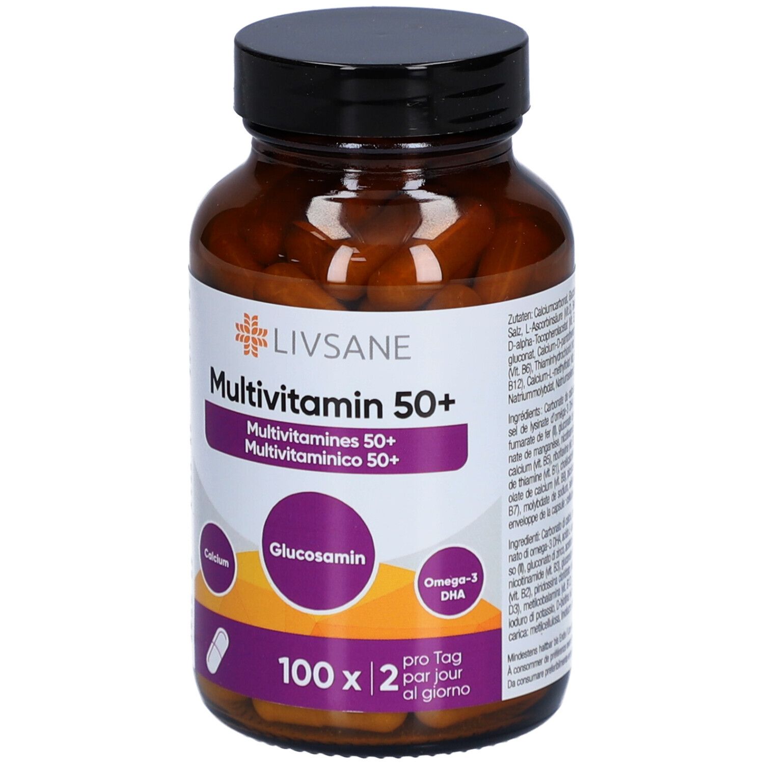 Flacon en verre brun avec gélules LIVSANE Multivitamine 50+. Étiquette avec nom du produit, ingrédients et dosage.