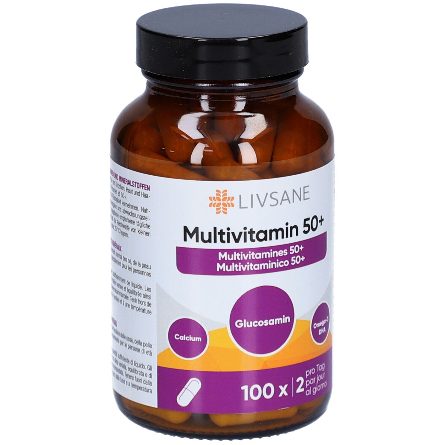 Flacon en verre brun avec gélules LIVSANE Multivitamine 50+. Étiquette avec nom du produit, ingrédients et dosage.