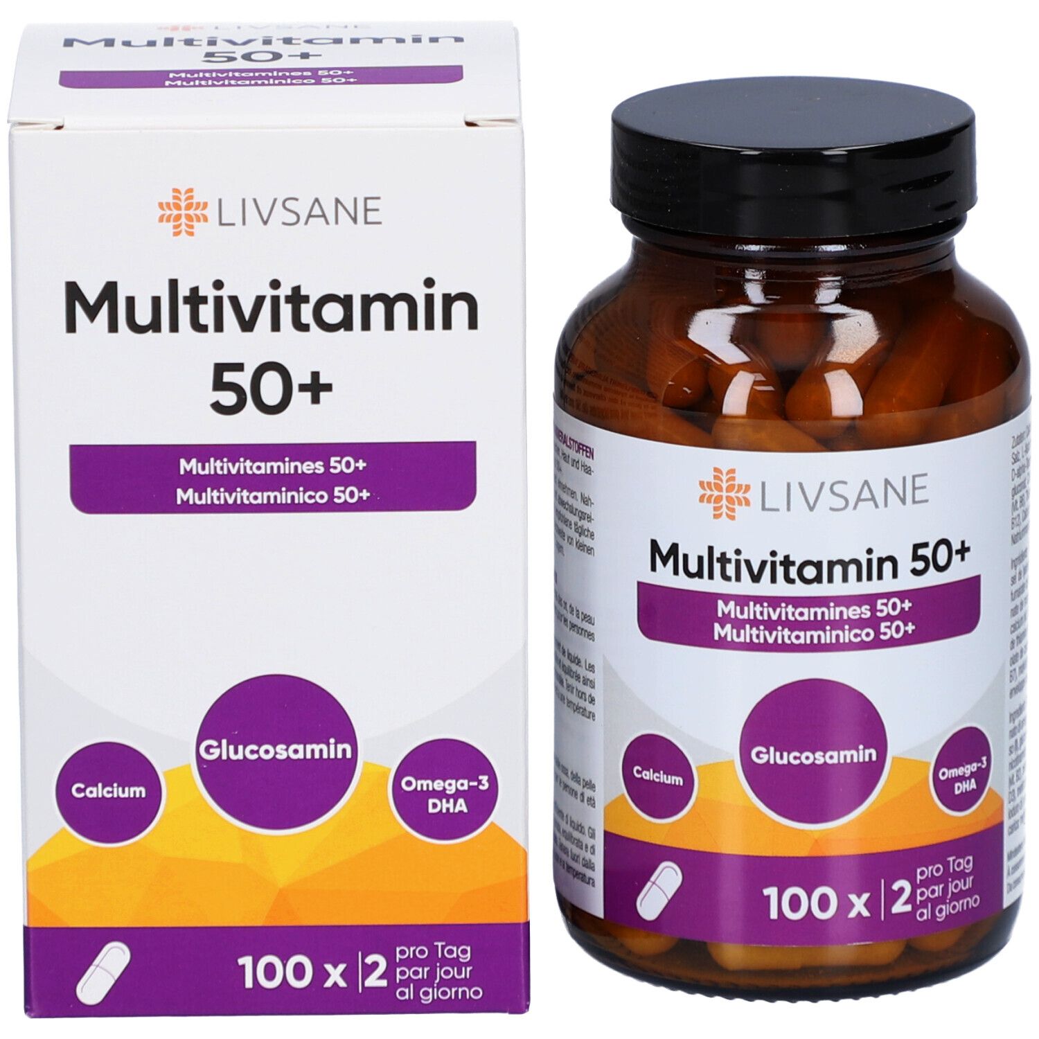 Boîte et flacon LIVSANE Multivitamine 50+. Boîte avec nom du produit, flacon avec gélules.