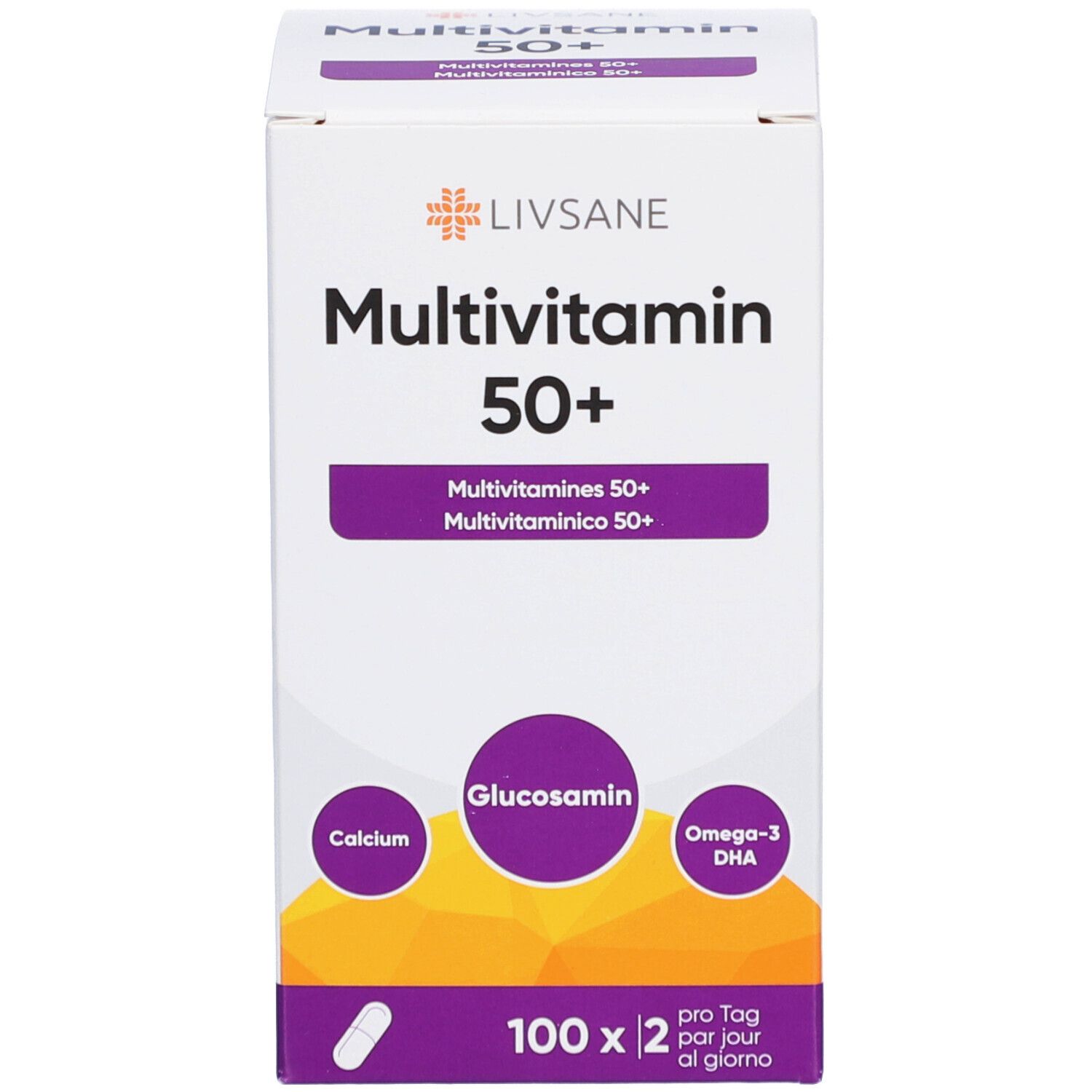 Boîte LIVSANE Multivitamine 50+. Carton blanc avec nom du produit, ingrédients et dosage.