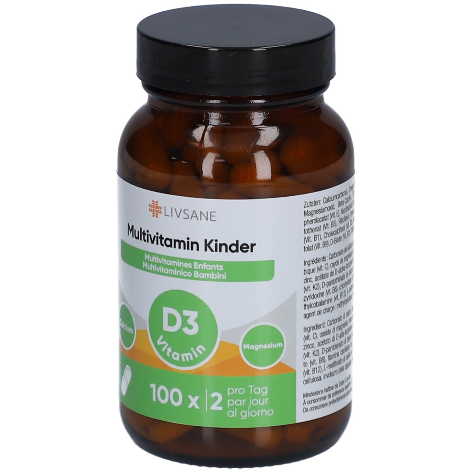 Braune Glasflasche mit schwarzen Deckel. Etikett mit Produktnamen, Inhaltsstoffen und Dosierung. Kapseln sichtbar.