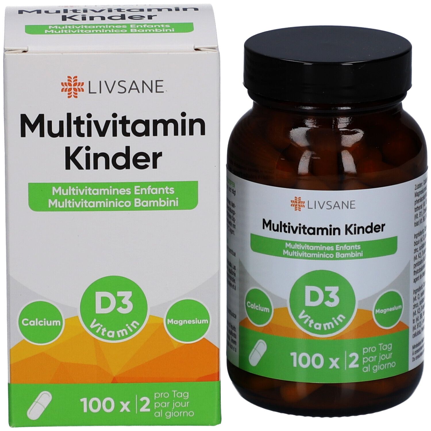 Produktflasche und -verpackung nebeneinander. Flasche mit Kapseln, Verpackung mit Produktnamen und Inhaltsstoffen.