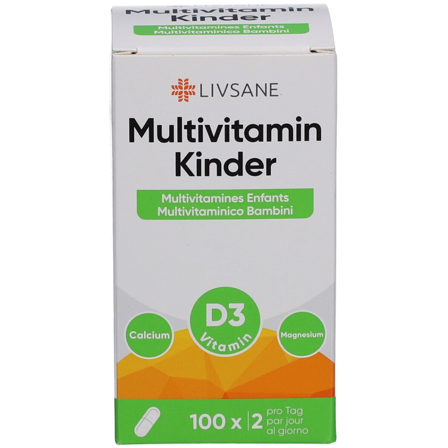 Weiße Produktverpackung mit Produktnamen, Inhaltsstoffen und Dosierung. Grün-weiße Farbgebung.