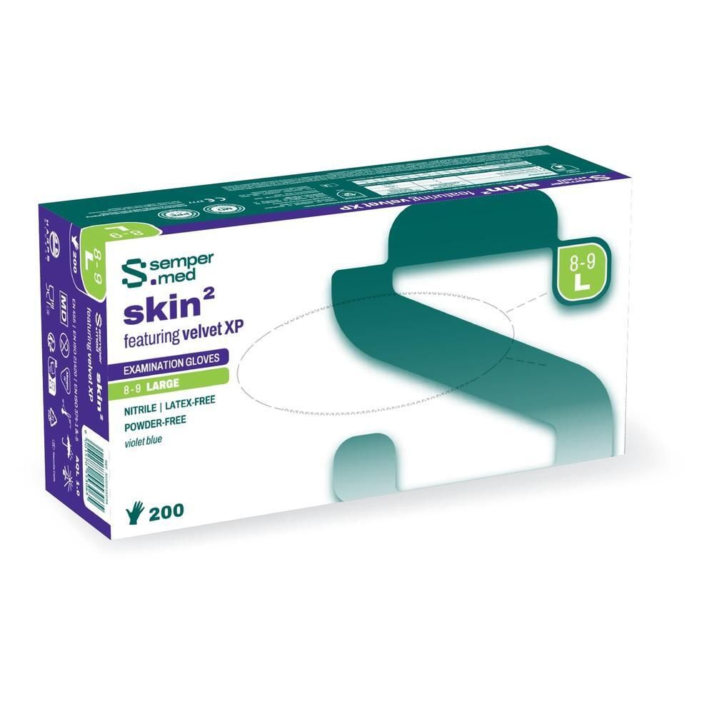 Boîte de gants en nitrile Sempermed Skin² Velvet XP, taille L 8-9. Contient 200 gants. Caractéristiques : nitrile, sans latex, sans poudre, bleu violet.