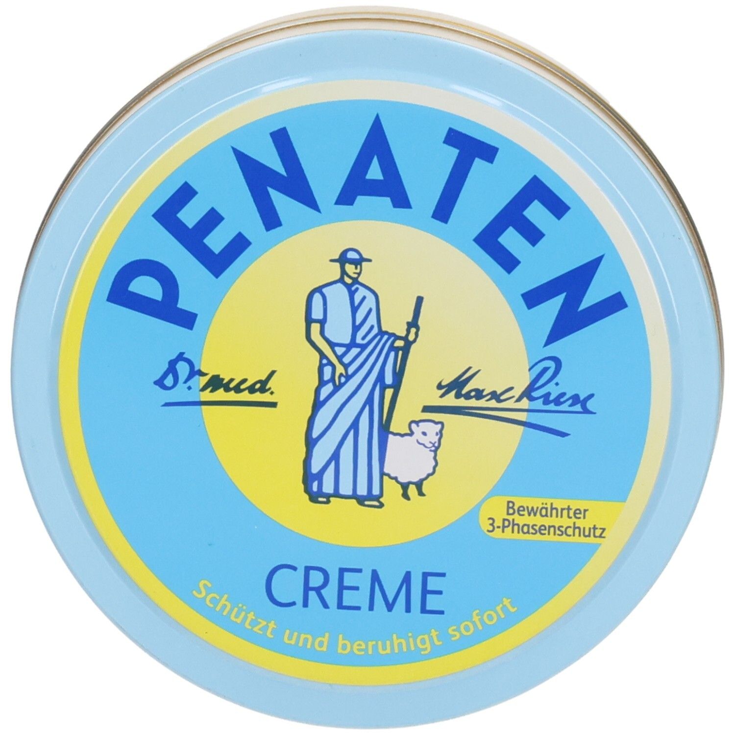 Crème Penaten Wundschutzcreme avec protection 3 phases. Boîte bleue avec logo et motif berger.