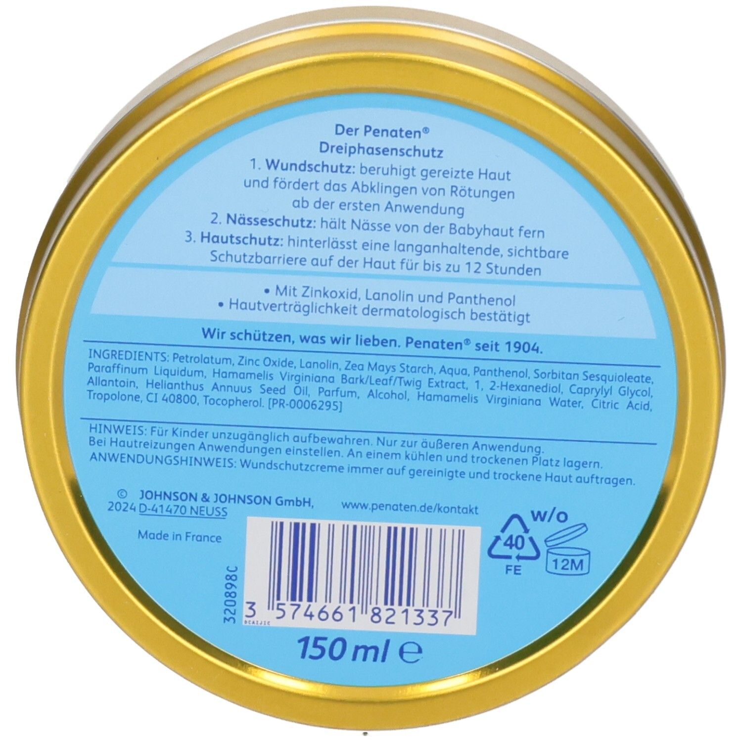 Arrière de la boîte de crème Penaten Wundschutzcreme. Contient les ingrédients et les instructions.