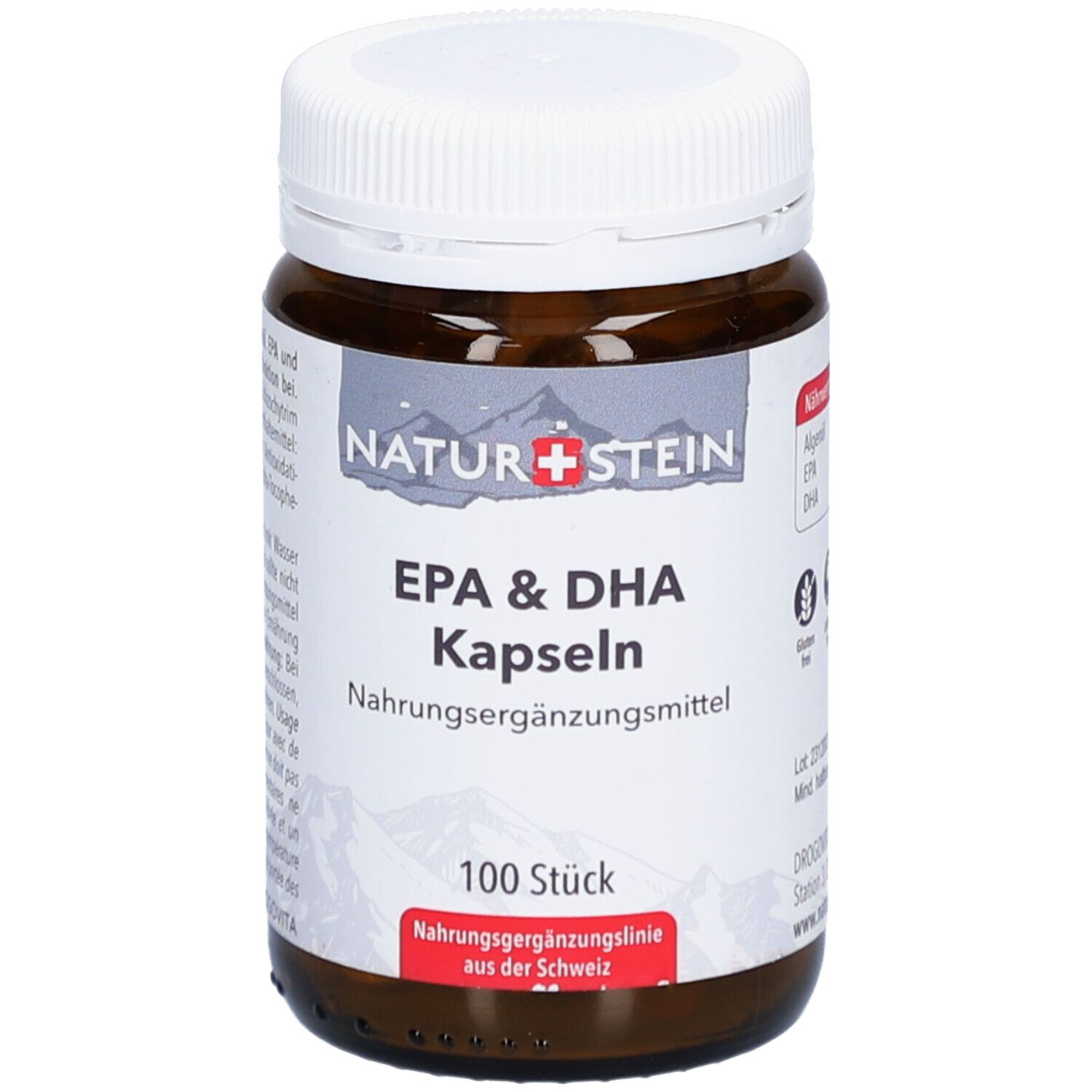 Flacon en verre brun avec couvercle blanc. Étiquette "NATURSTEIN", "EPA & DHA Kapseln", "100 Stück". Complément alimentaire.