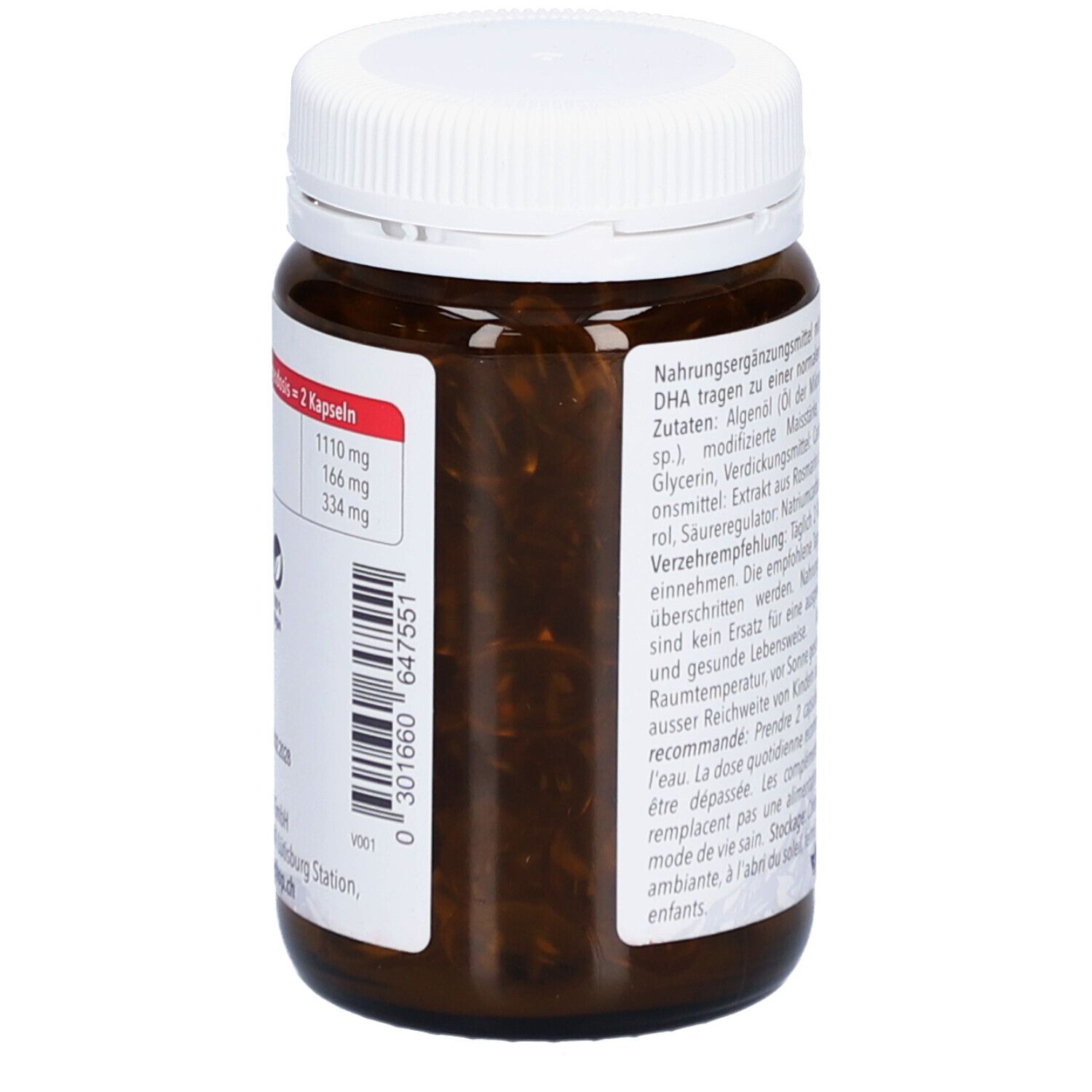 Flacon en verre brun avec couvercle blanc. Gélules visibles. Dos avec texte. Informations nutritionnelles, recommandations.