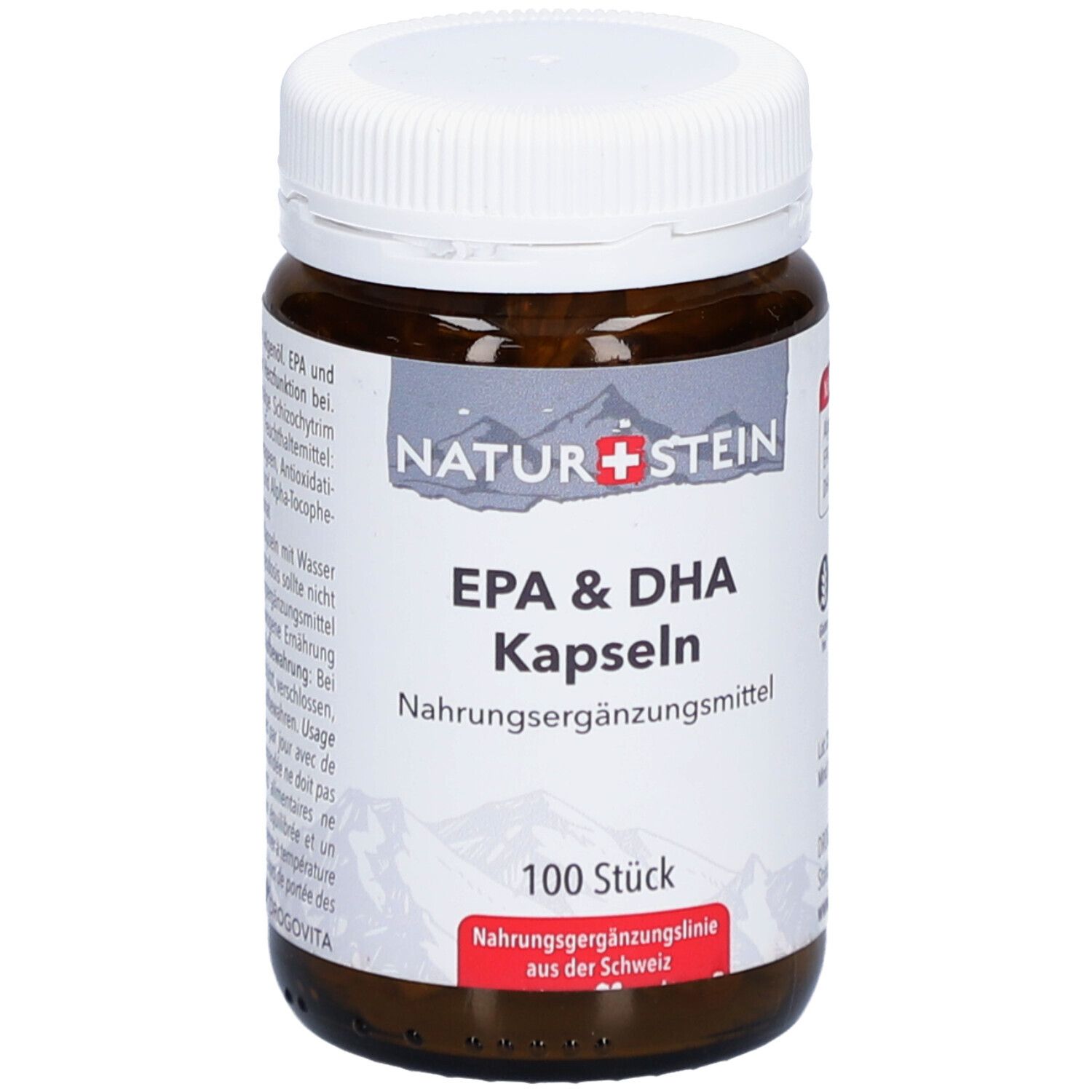 Flacon en verre brun avec couvercle blanc. Étiquette "NATURSTEIN", "EPA & DHA Kapseln", "100 Stück". Complément alimentaire.