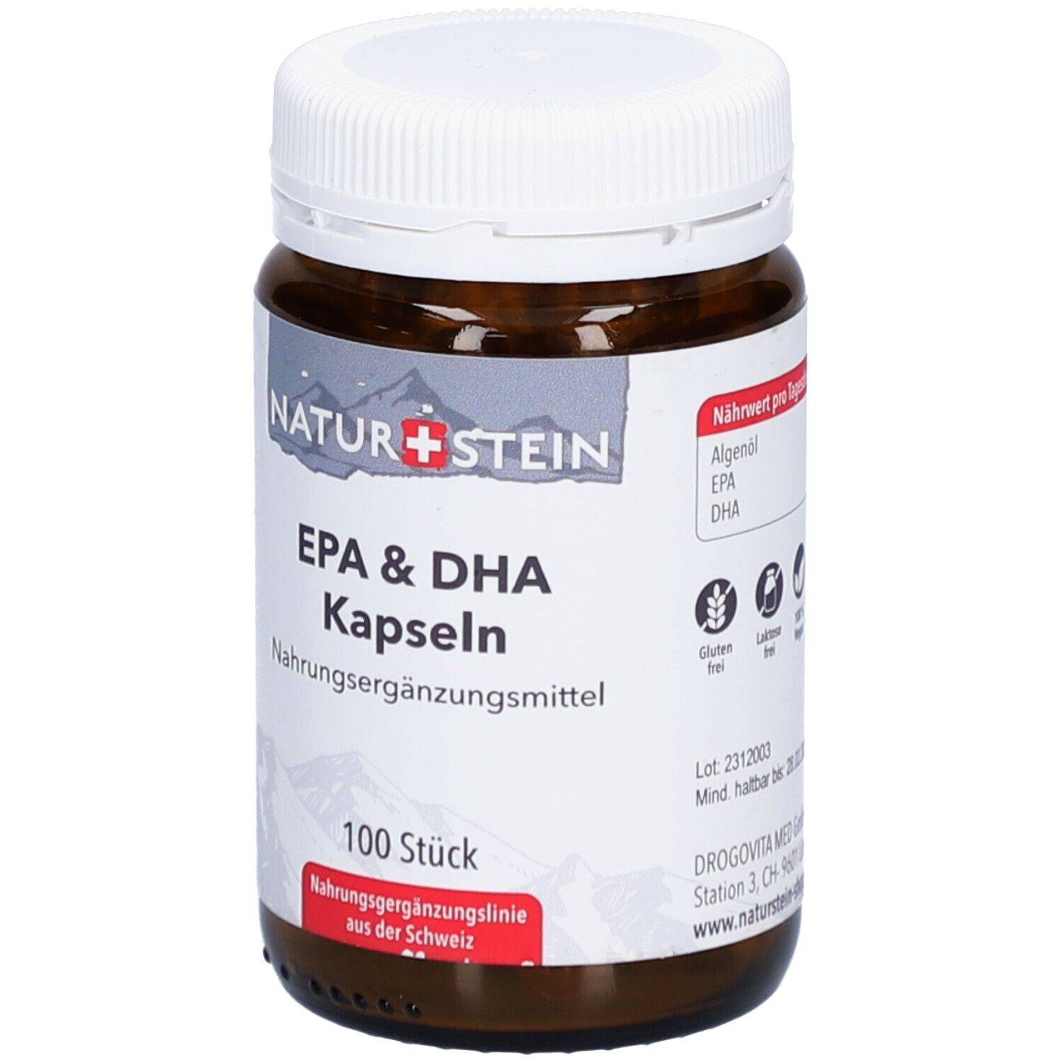 Flacon en verre brun avec couvercle blanc. Étiquette "NATURSTEIN", "EPA & DHA Kapseln", "100 Stück". Complément alimentaire.