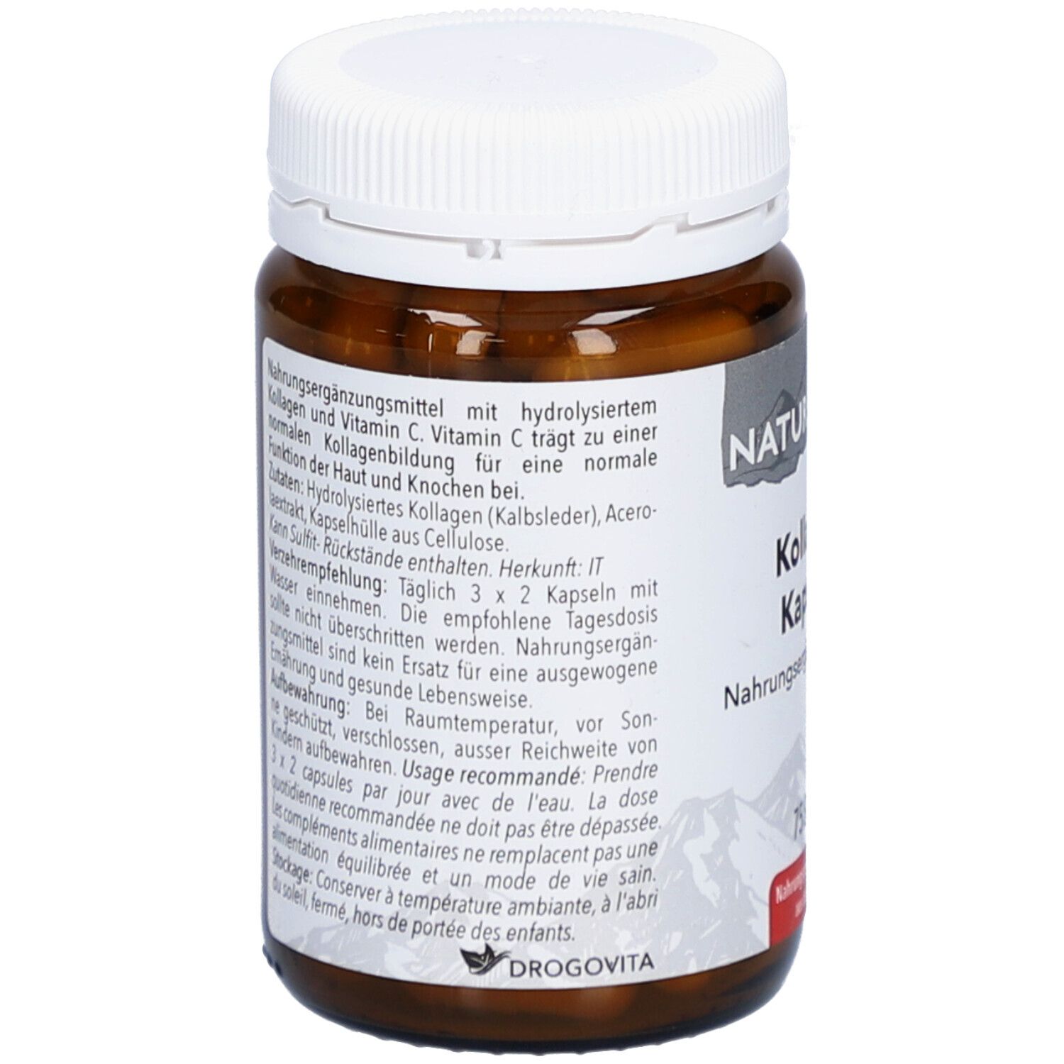 Rückseite der Flasche mit Text. Enthält Informationen zu Inhaltsstoffen, Anwendung und Hersteller. Braune Flasche mit weißem Deckel.