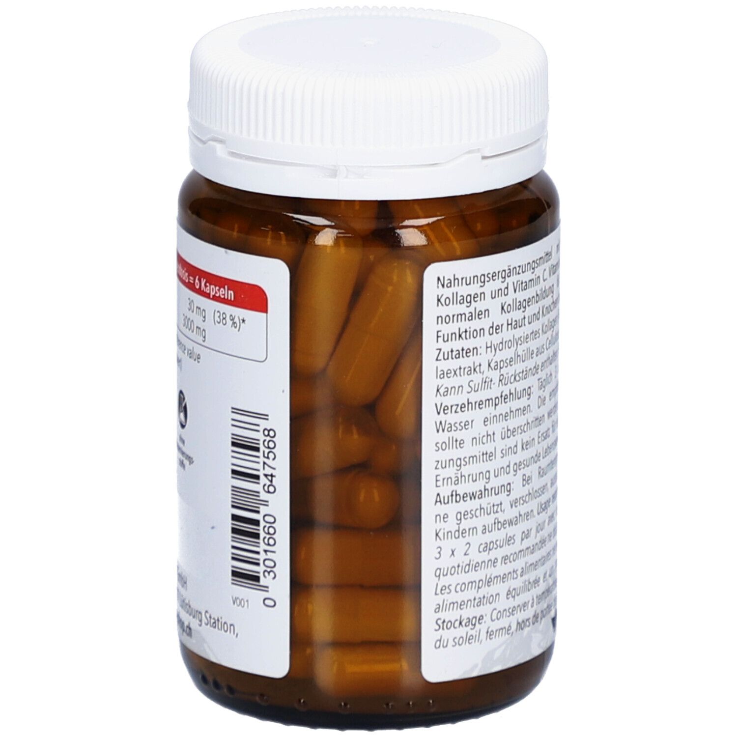 Braune Kapseln in einer braunen Flasche mit weißem Deckel. Sichtbar sind die Kapseln durch die transparente Flasche.