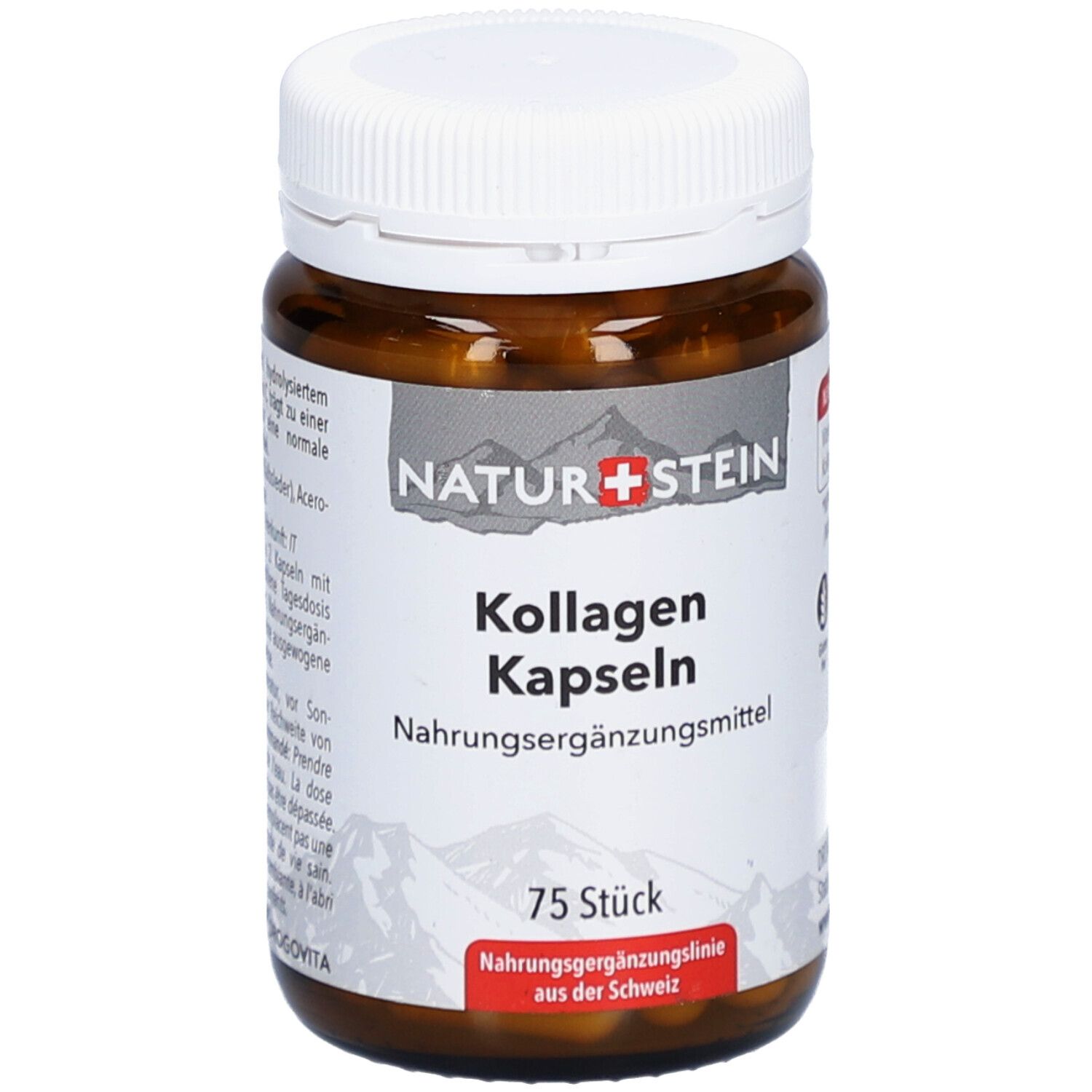 Braune Kapseln in einer braunen Flasche mit weißem Deckel. Aufschrift: NATUR+STEIN, Kollagen Kapseln, 75 Stück.