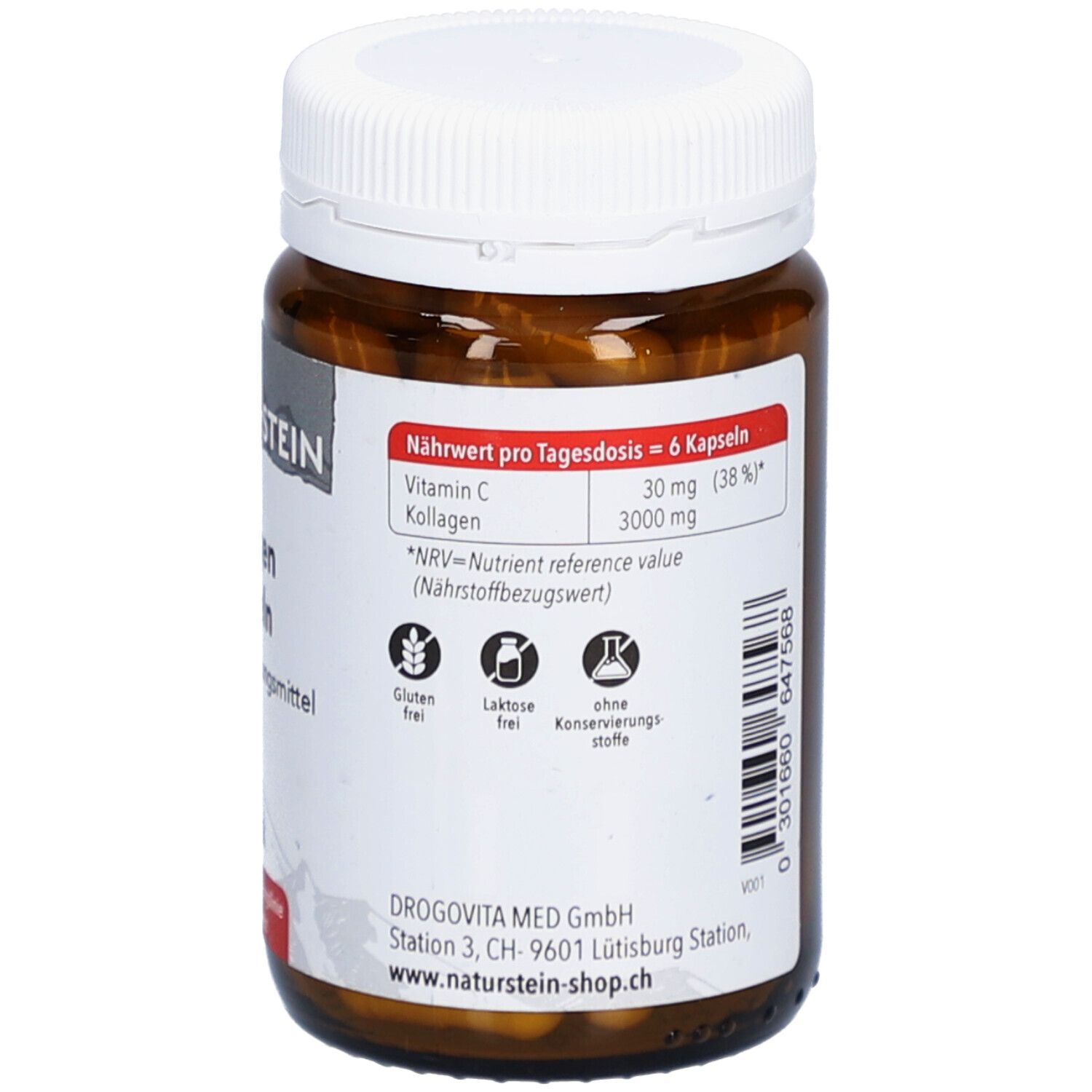 Rückseite der Flasche mit Nährwertangaben. Enthält Informationen zu Vitamin C und Kollagen. Glutenfrei, laktosefrei, ohne Konservierungsstoffe.