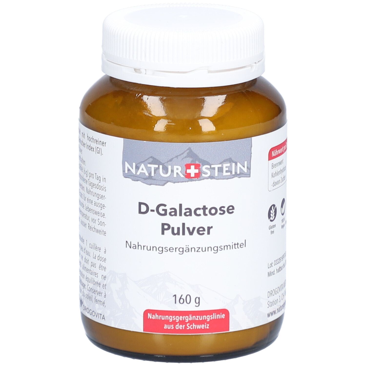 Braune Glasflasche mit weißem Deckel. Etikett mit Produktname, Marke NATUR+STEIN und Inhaltsangabe. 160g.
