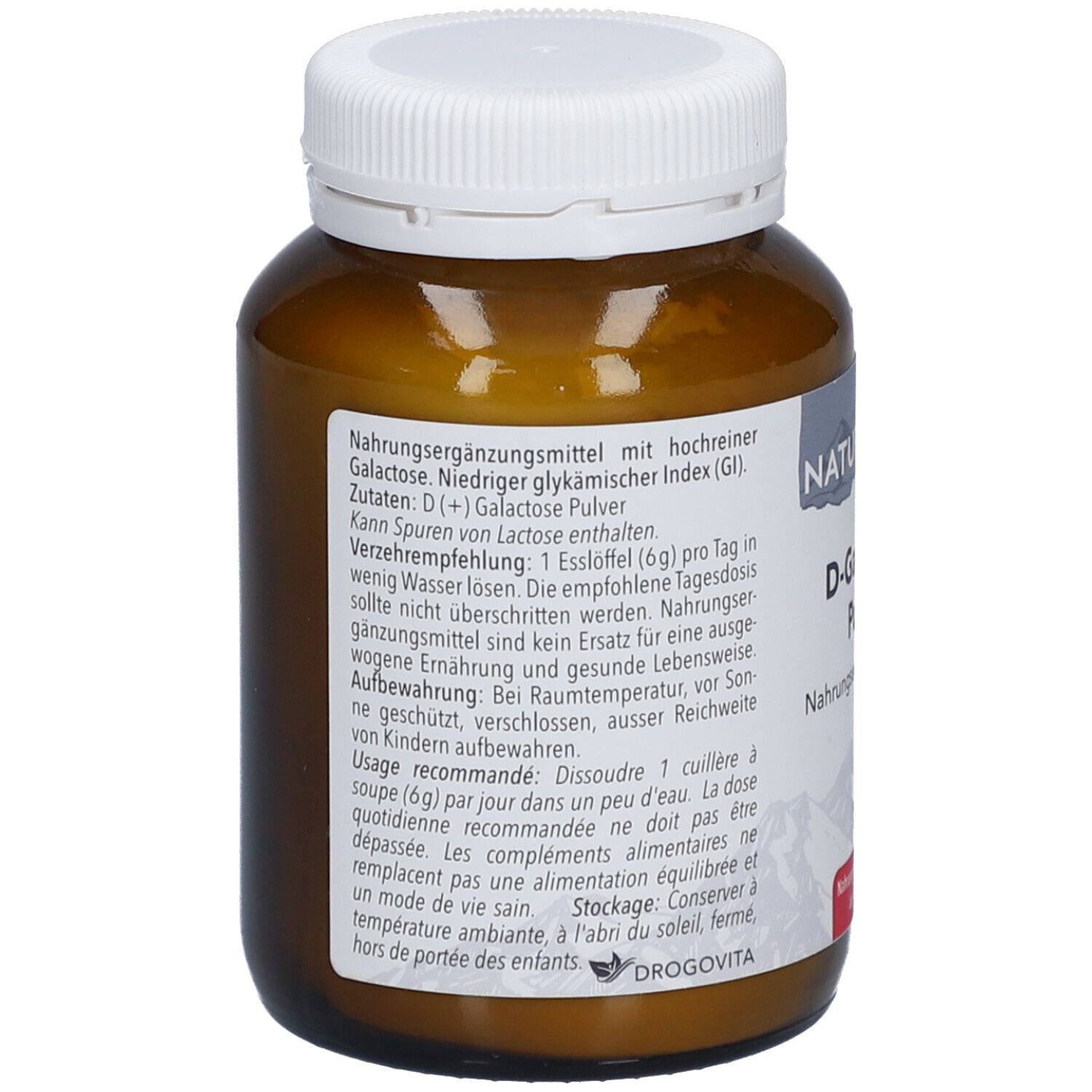 Rückansicht der braunen Glasflasche mit weißem Deckel. Etikett mit Produktinformationen und Gebrauchsanweisung in mehreren Sprachen.