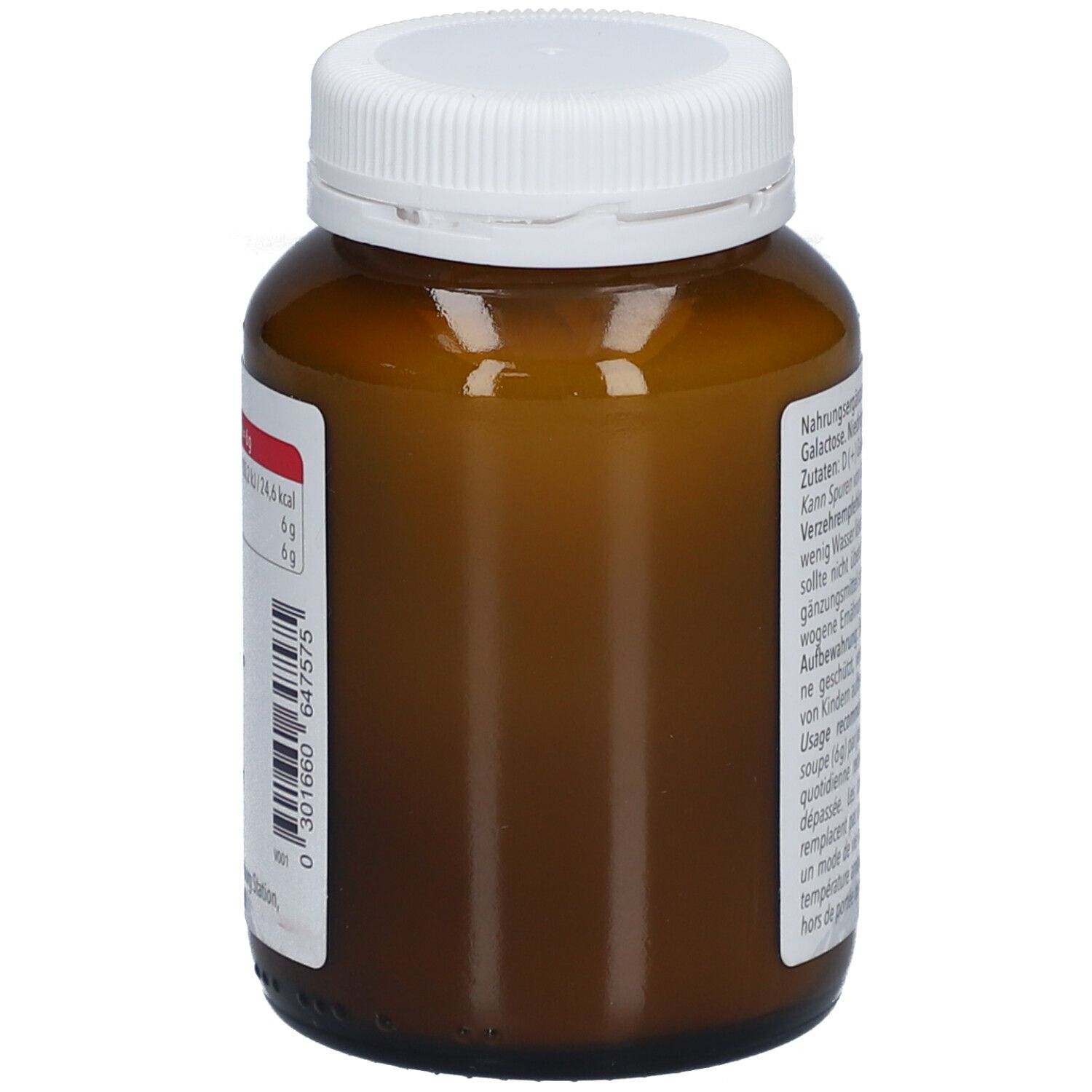 Seitenansicht der braunen Glasflasche mit weißem Deckel. Etikett mit Barcode und Produktinformationen.