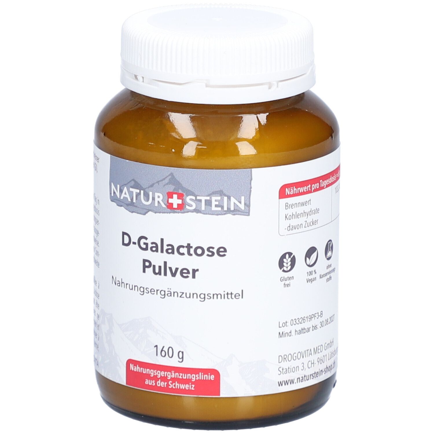 Braune Glasflasche mit weißem Deckel. Etikett mit Produktname, Marke NATUR+STEIN, Inhaltsangabe und Logos. 160g.