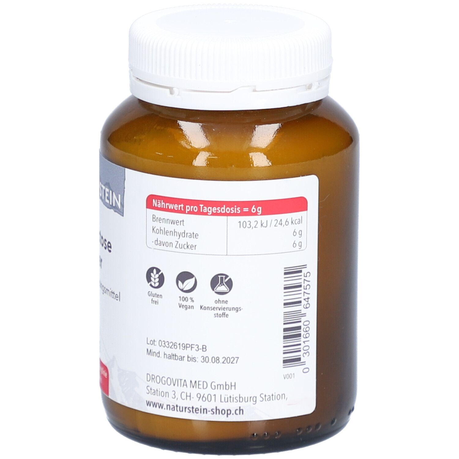 Rückansicht der braunen Glasflasche mit weißem Deckel. Etikett mit Nährwertangaben, Logos und Mindesthaltbarkeitsdatum.