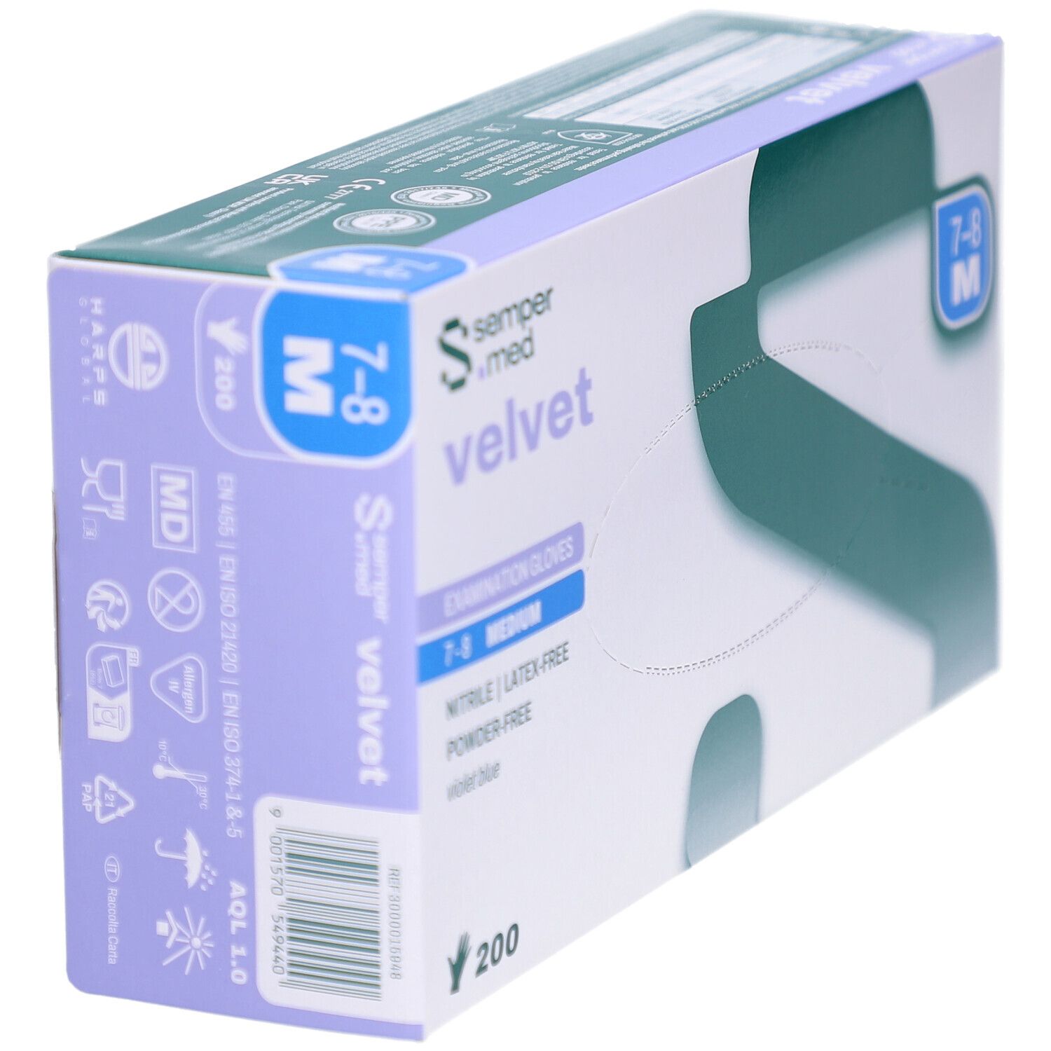 Karton mit SEMPERMED Velvet Untersuchungshandschuhen. Größe 7-8, Medium, 200 Stück. Nitril, latexfrei, puderfrei. Seitenansicht.