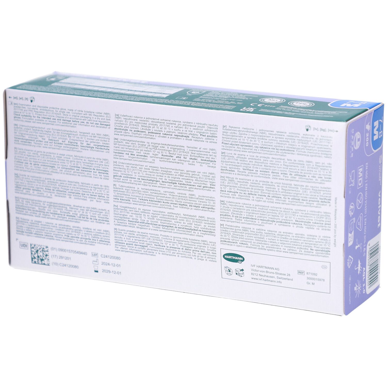 Rückseite des Kartons mit SEMPERMED Velvet Untersuchungshandschuhen. Text und Symbole. Informationen zu Hersteller und Zertifizierungen.