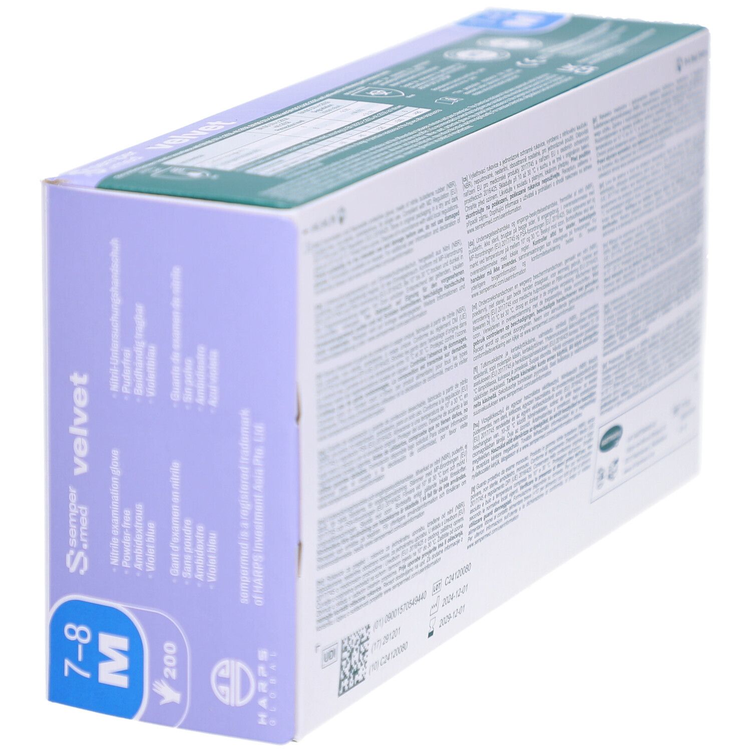 Karton mit SEMPERMED Velvet Untersuchungshandschuhen. Größe 7-8, Medium, 200 Stück. Nitril, latexfrei, puderfrei. Schräge Ansicht.