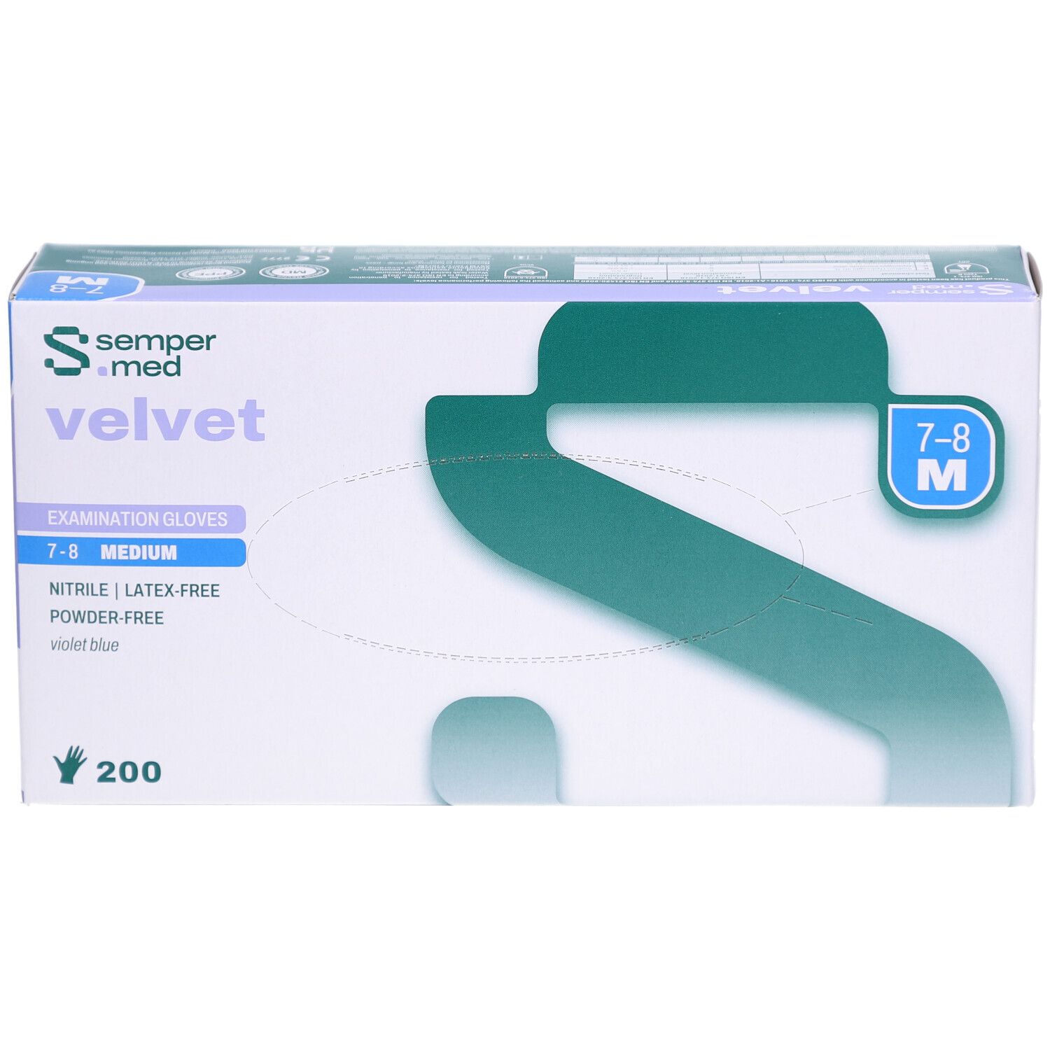 Karton mit SEMPERMED Velvet Untersuchungshandschuhen. Größe 7-8, Medium, 200 Stück. Nitril, latexfrei, puderfrei, violettblau. Frontansicht.
