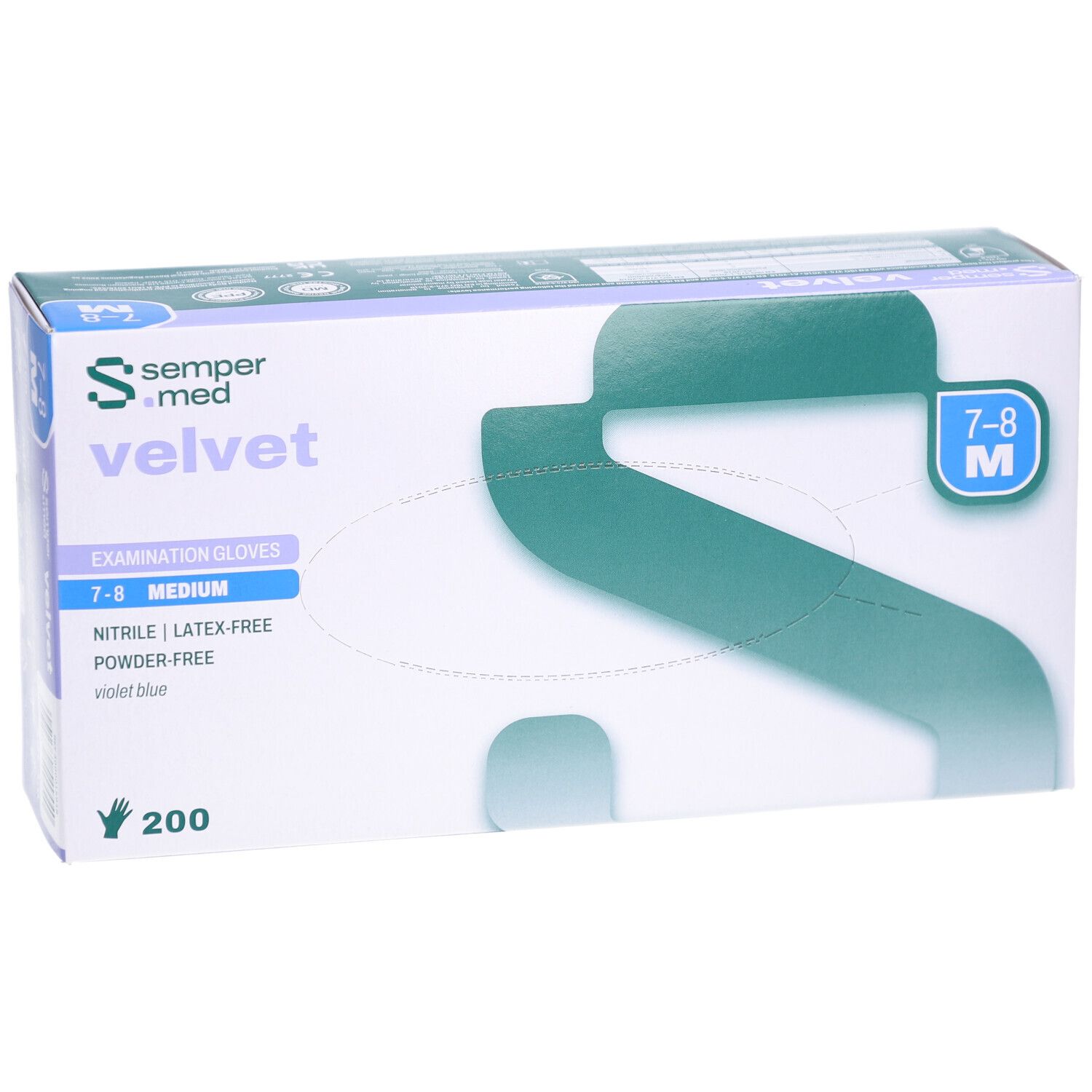 Karton mit SEMPERMED Velvet Untersuchungshandschuhen. Größe 7-8, Medium, 200 Stück. Nitril, latexfrei, puderfrei, violettblau. Frontansicht.