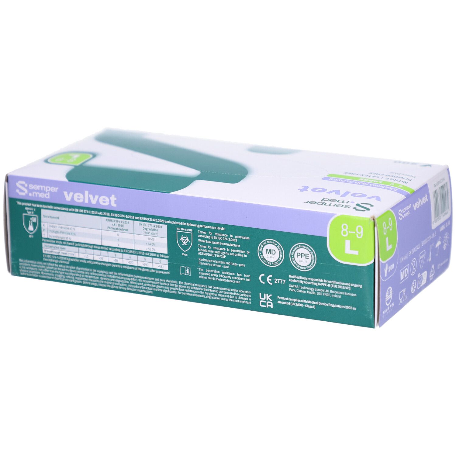 Handschuhverpackung SEMPERMED Velvet, Größe L, 8-9. Weiße Schachtel mit grünen und lilafarbenen Akzenten. CE-Kennzeichnung.