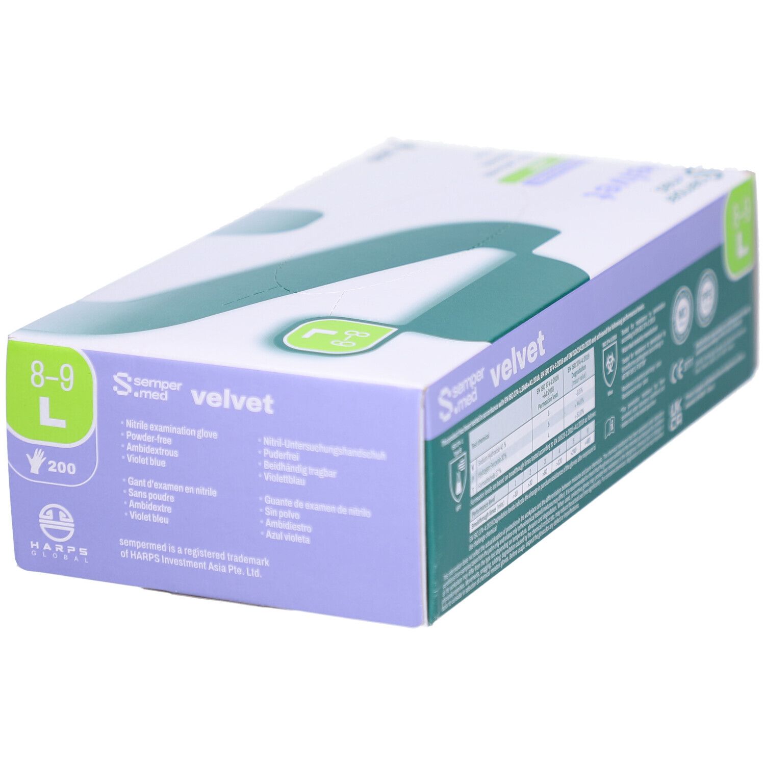 Handschuhverpackung SEMPERMED Velvet, Größe L, 8-9. Weiße Schachtel mit grünen und lilafarbenen Akzenten. 200 Stück.