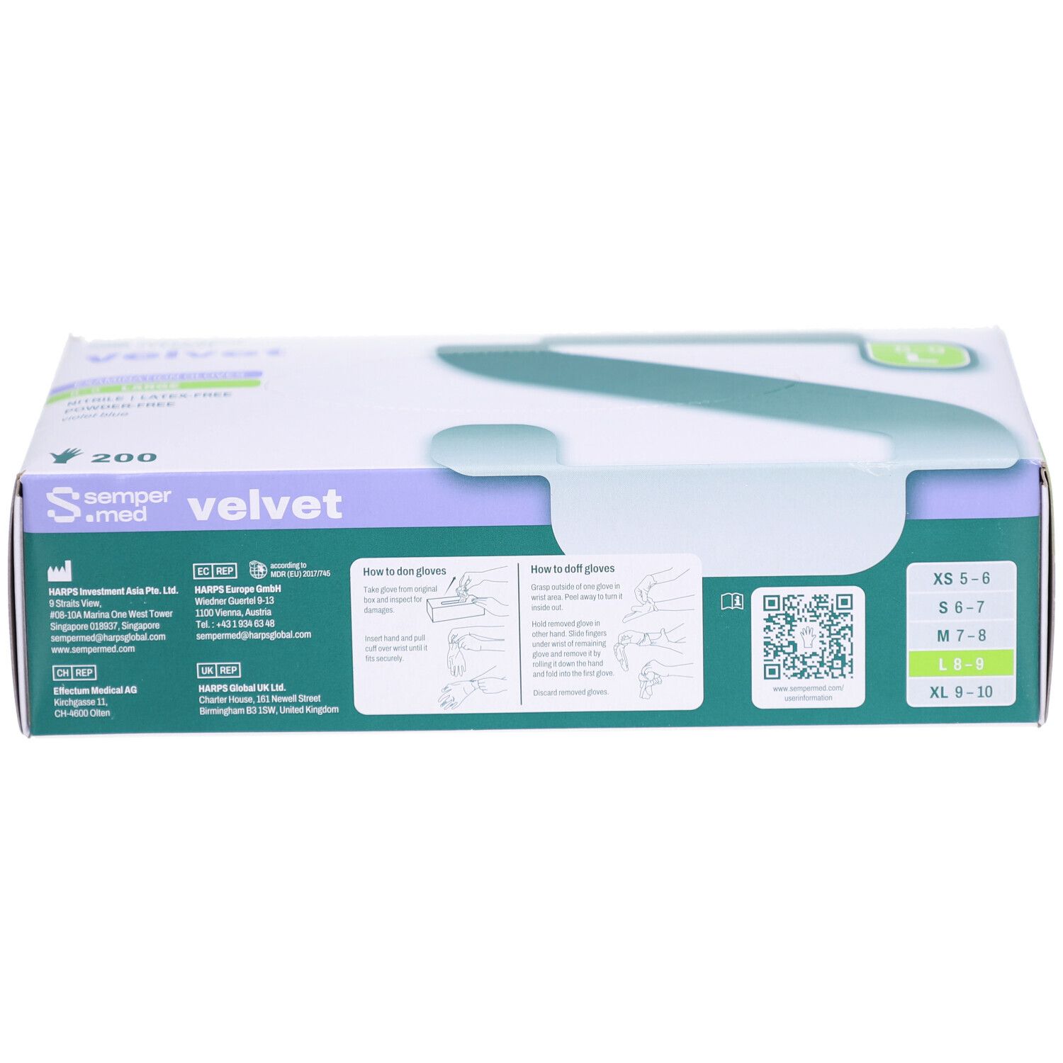 Handschuhverpackung SEMPERMED Velvet, Größe L, 200 Stück. Weiße Schachtel mit grünen und lilafarbenen Akzenten. QR-Code.