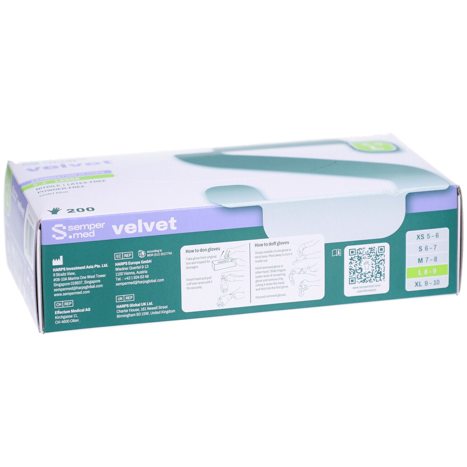 Handschuhverpackung SEMPERMED Velvet, Größe L, 200 Stück. Weiße Schachtel mit grünen und lilafarbenen Akzenten. QR-Code.