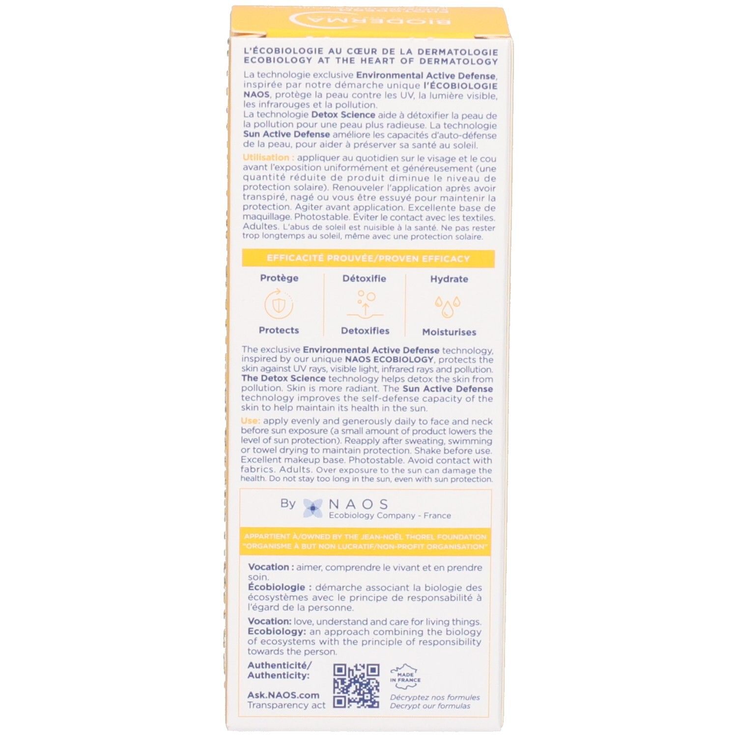 Dos de l'emballage Bioderma Photoderm X-Defense. Texte sur l'écobiologie et instructions d'utilisation.