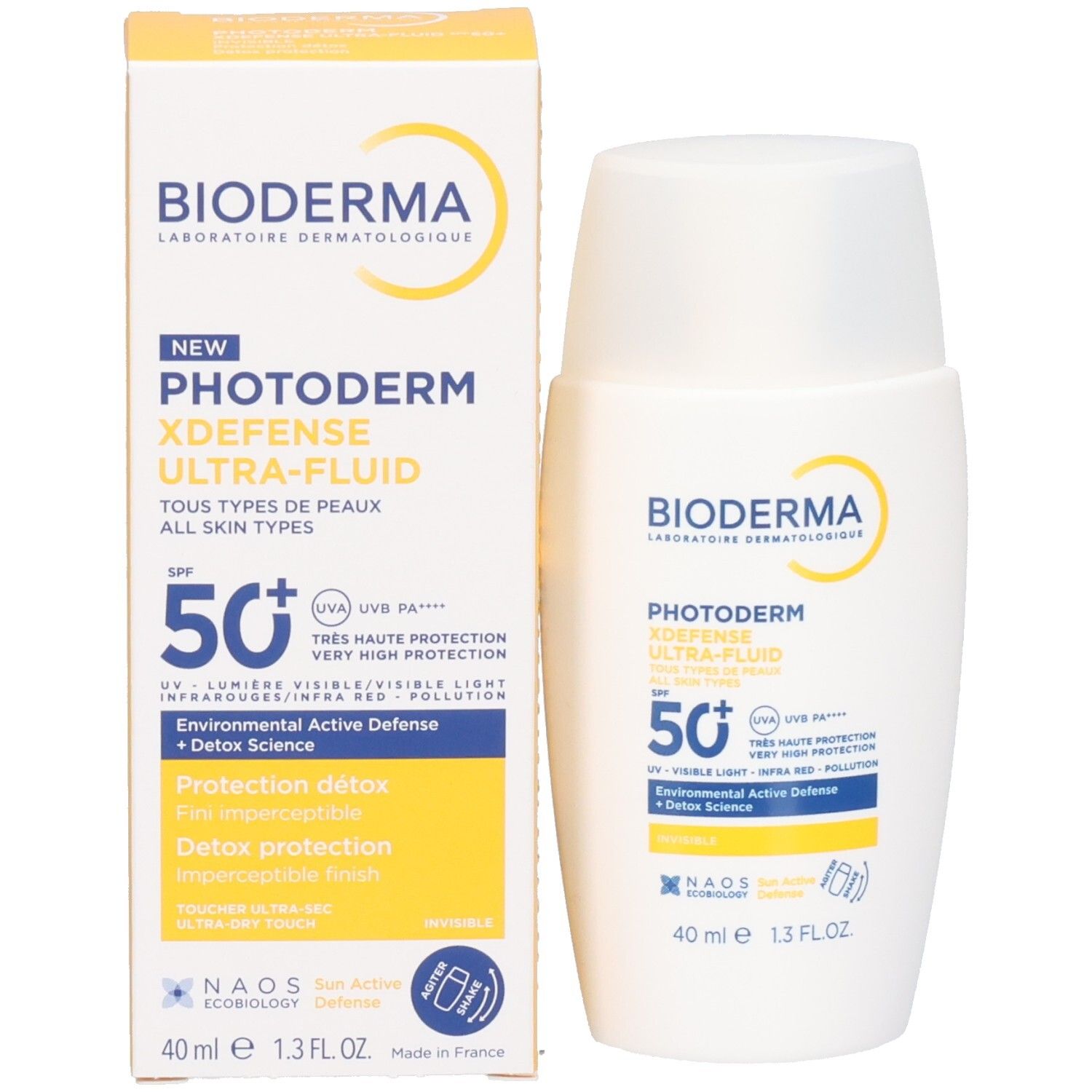 Produit et emballage Bioderma Photoderm X-Defense LSF 50+. Flacon blanc et boîte.