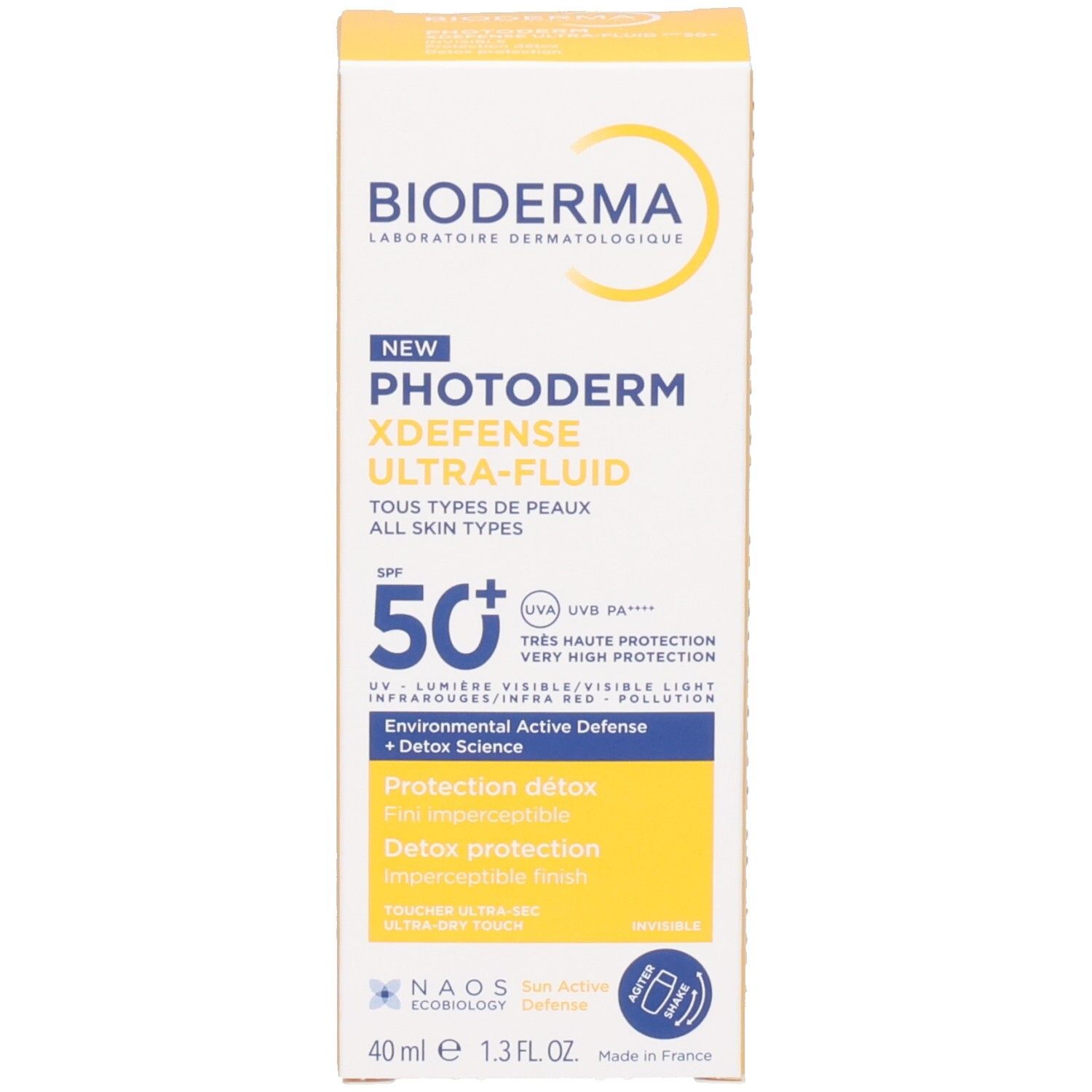 Emballage Bioderma Photoderm X-Defense LSF 50+. Boîte blanche et jaune avec informations produit.